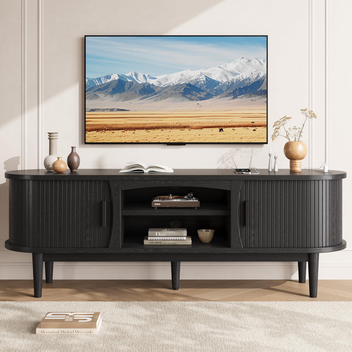 Decofy 63" Fluted TV Stand for TVs Up to 70" with Charging Station, Black