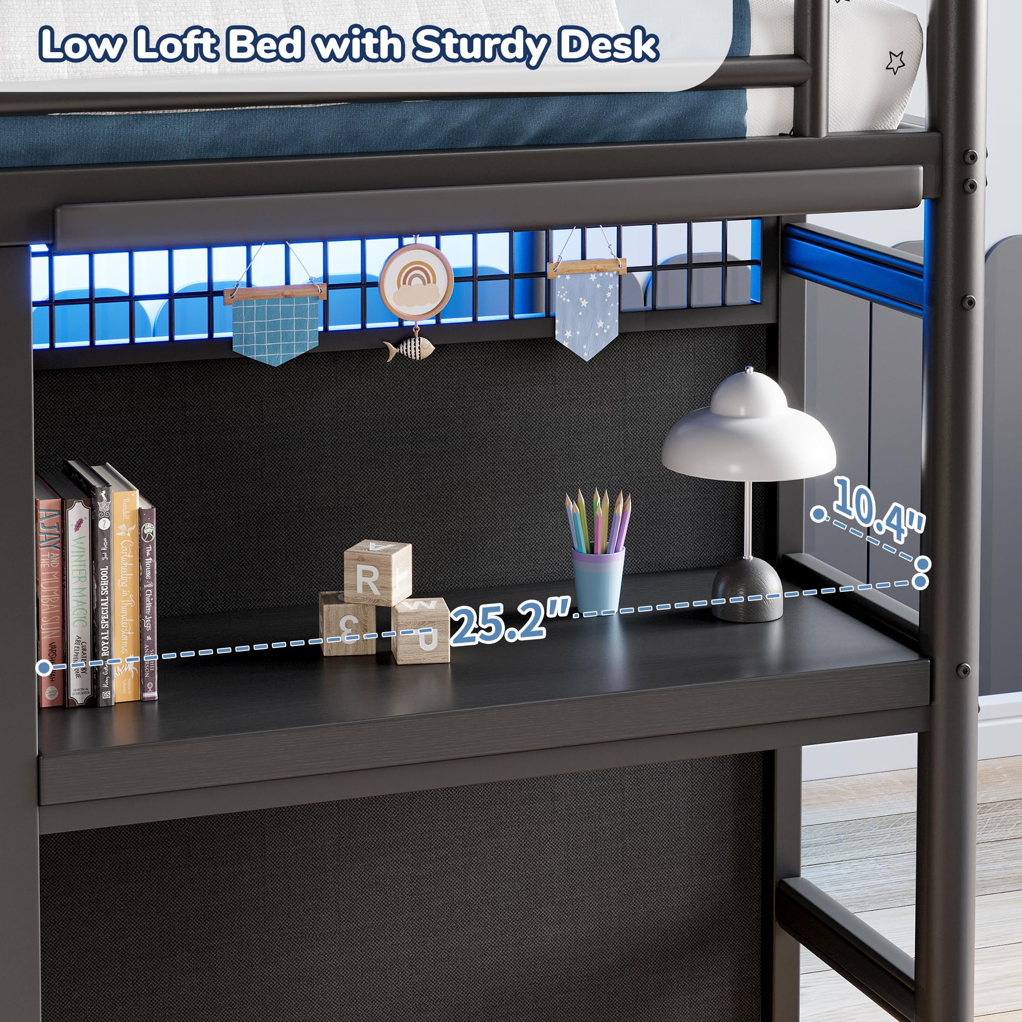 Low Loft Bed Twin Size with 7 Storage Drawers, Desk and LED Lights, Heavy Duty Metal Kids Loft Bed with 12" H Safety Guardrail, Anti-Collision Pad, Private Play Curtain, Under-Bed Play Space - Black
