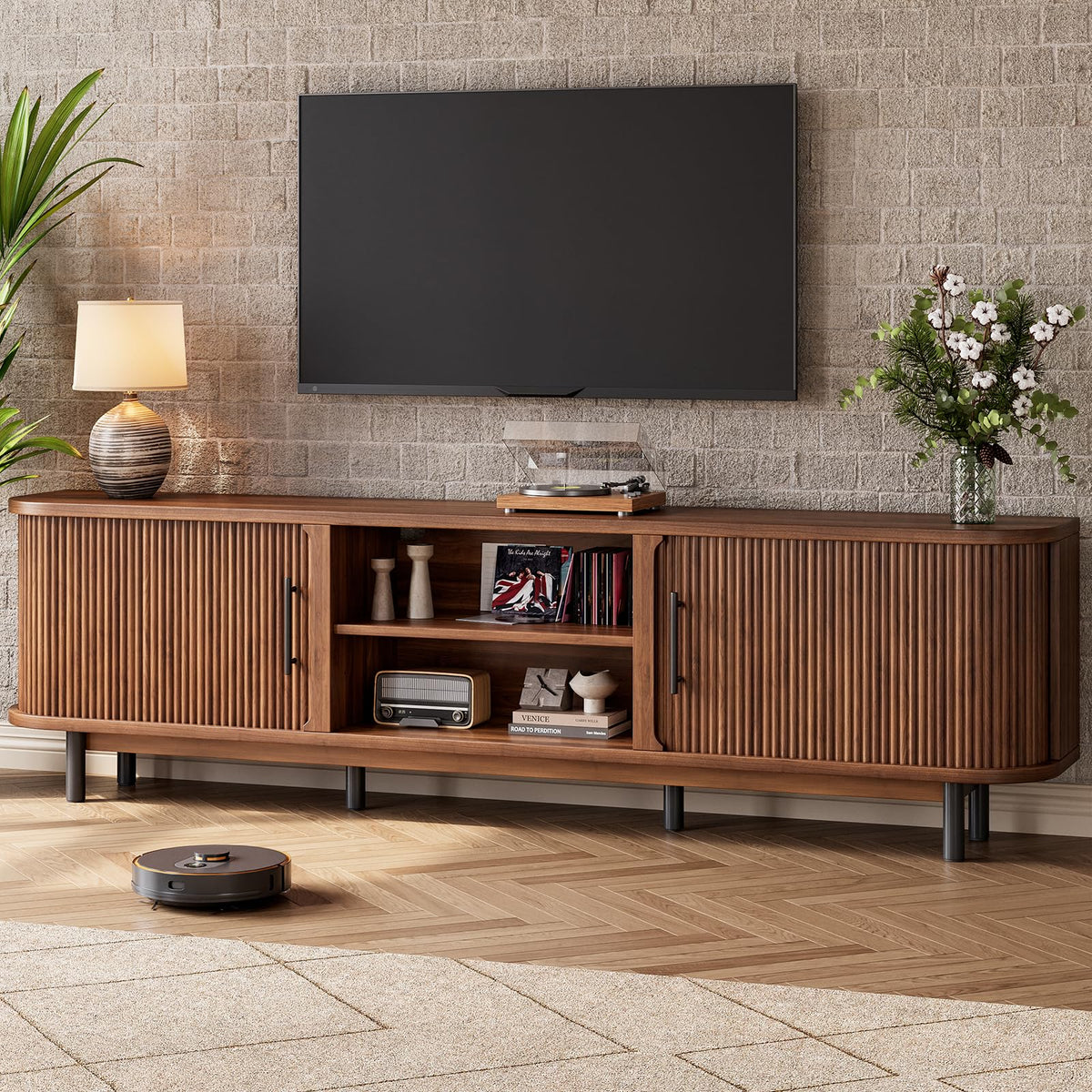 Fluted Sliding-Door TV Stand