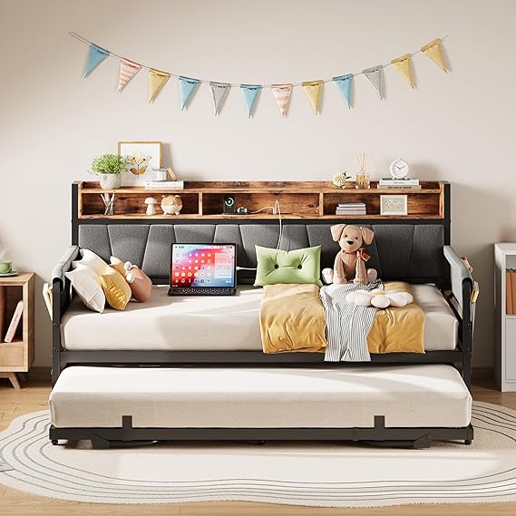 Twin Daybed with Trundle & Storage Headboard