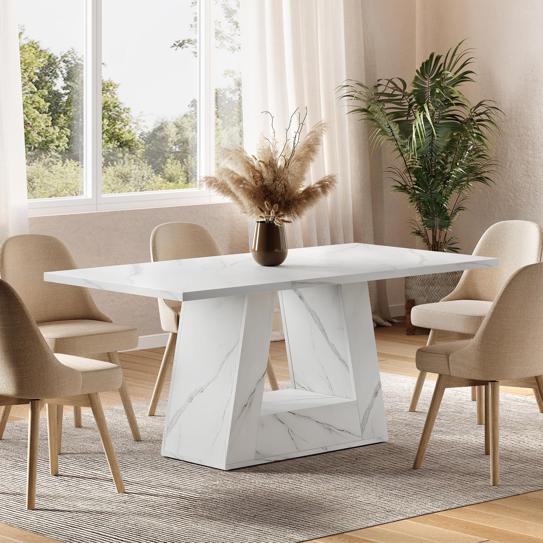 63" Rectangle Dining Table | Faux Marble Top | Triangle Pedestal Base
