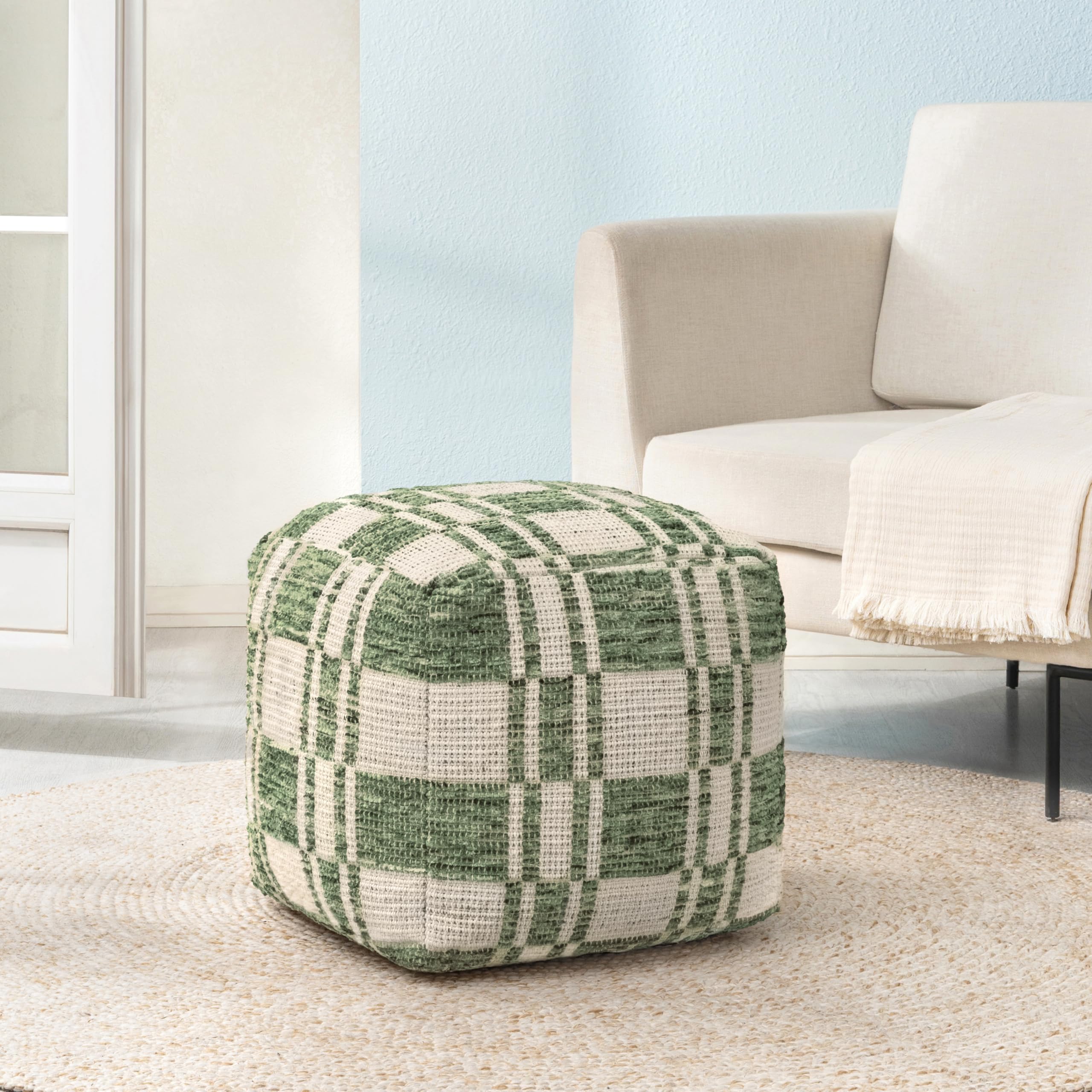 Anji Mountain Pouf Ottoman Foot Rest, Handmade Ottoman Pouf, Comfortable Foot Stool, Decorative Floor Seating for Living Room Decor, Bedroom & Home Décor Accent - Green