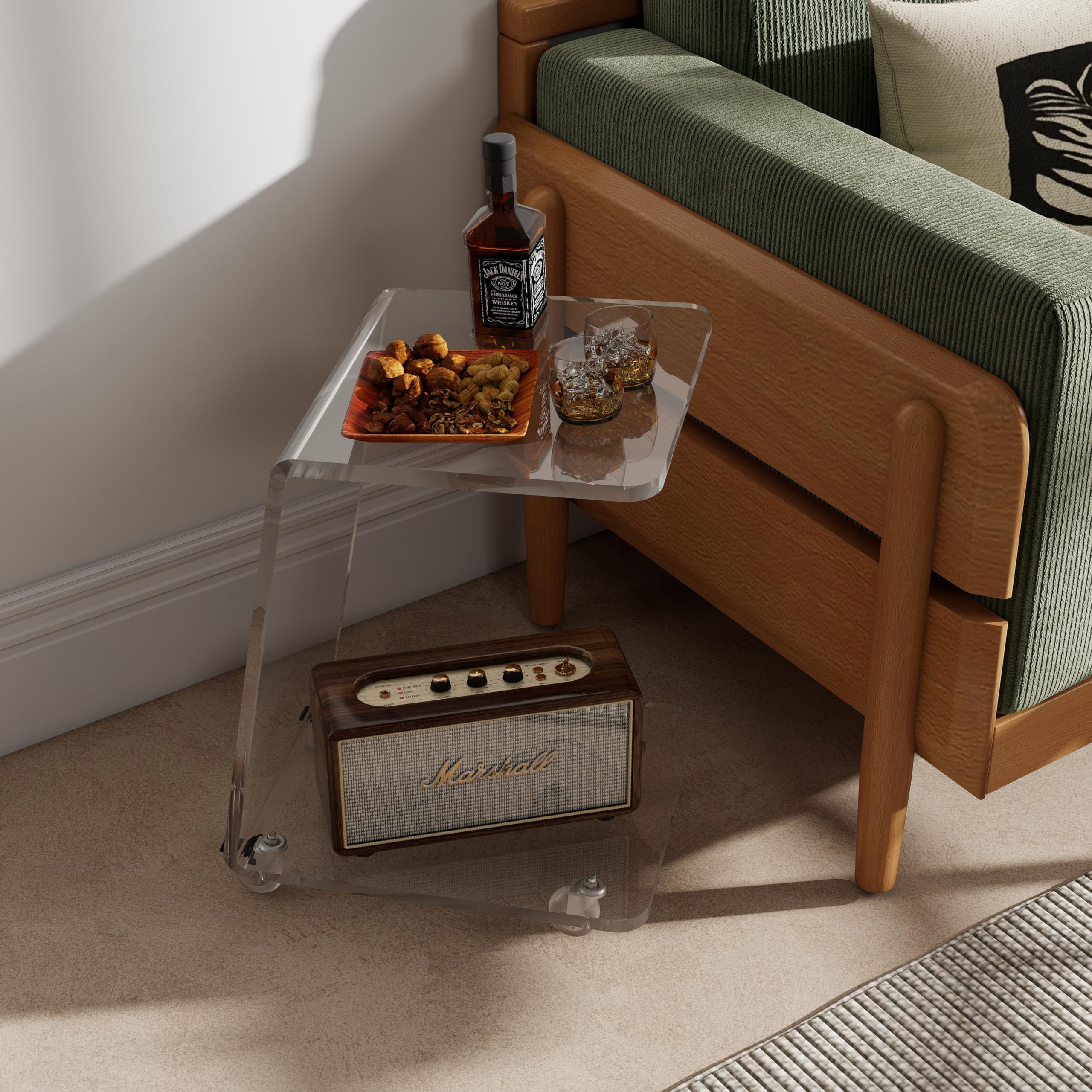 Modern Acrylic Side Tables Set of 2, 15mm Thick Clear Lucite End Tables with Wheels for Living Room & Bedroom, Luxury C-Shaped Rolling Sofa Tables, Heavy Duty Contemporary Furniture