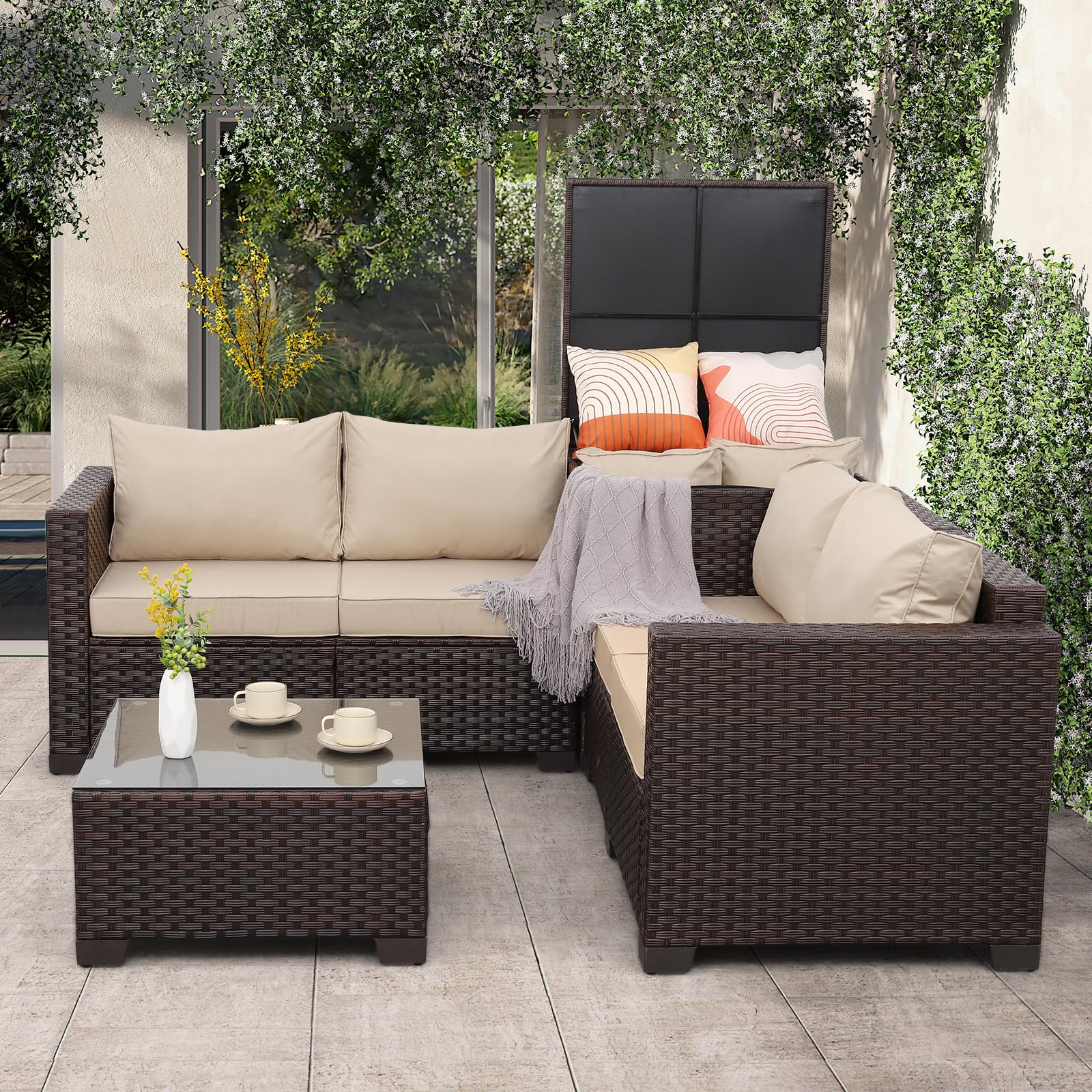 4-Piece Outdoor Wicker Sectional Sofa Set with Storage Box & Glass Top Table
