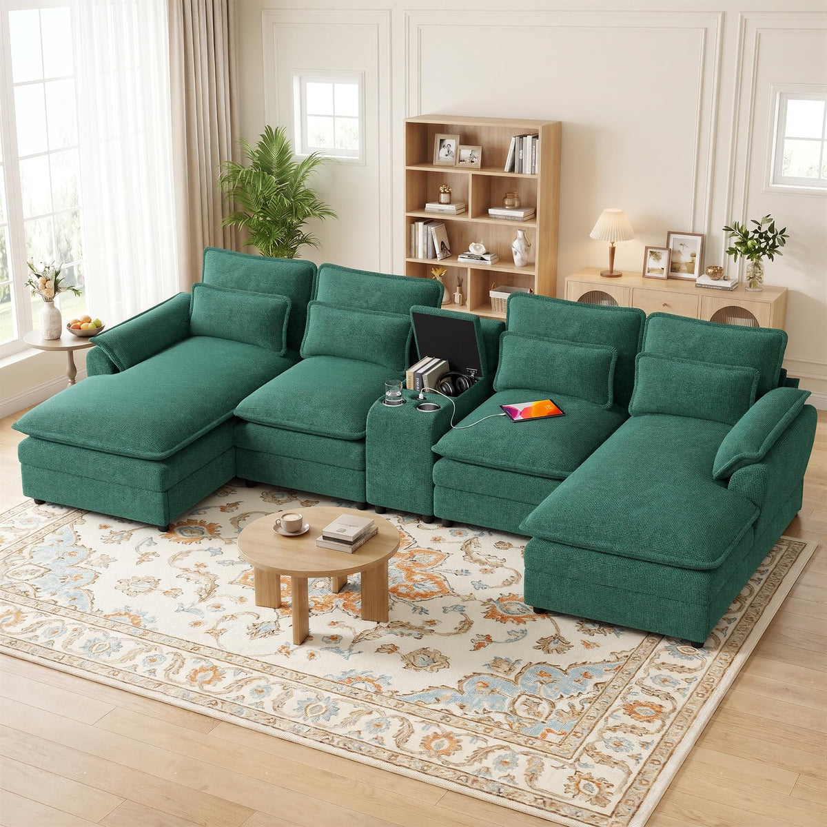 134" U Shaped Modular Sectional Sofa, Oversized Cloud Couch with Double Chaise Lounge, Storage Console, Cup Holders & USB Port, Comfy Chenille Deep Seat Couch Set for Living Room, Green