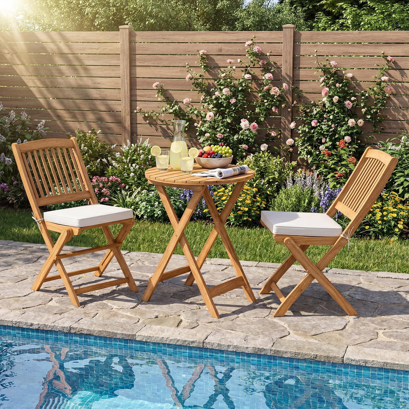 3-Piece Folding Acacia Wood Patio Bistro Set with Cushioned Chairs