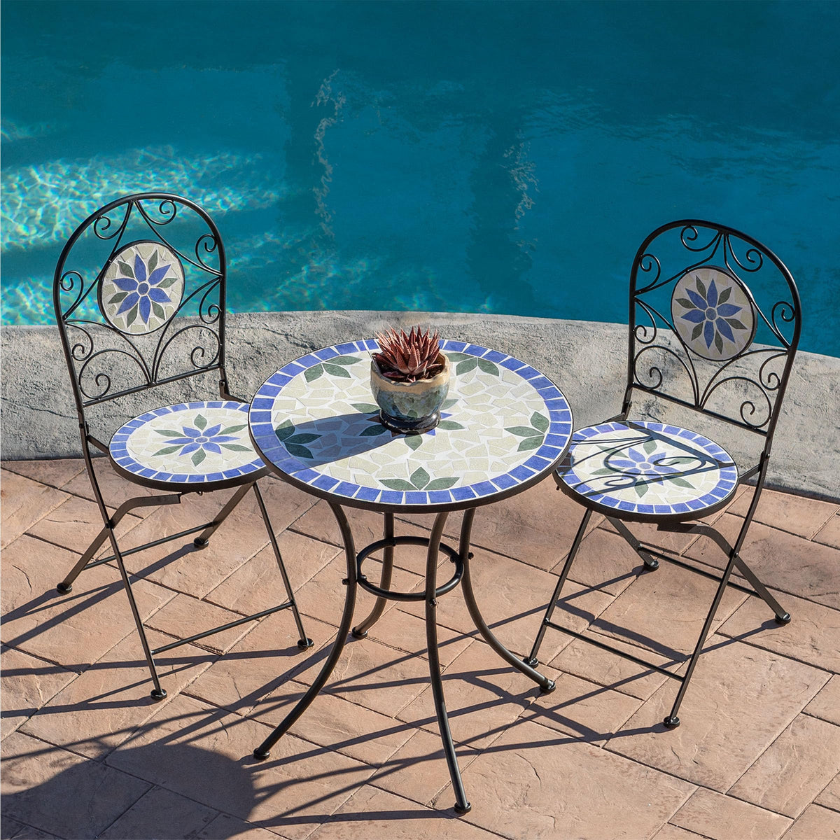 Alpine Corporation Blue and Beige Mosaic Bistro Set, 3-Piece