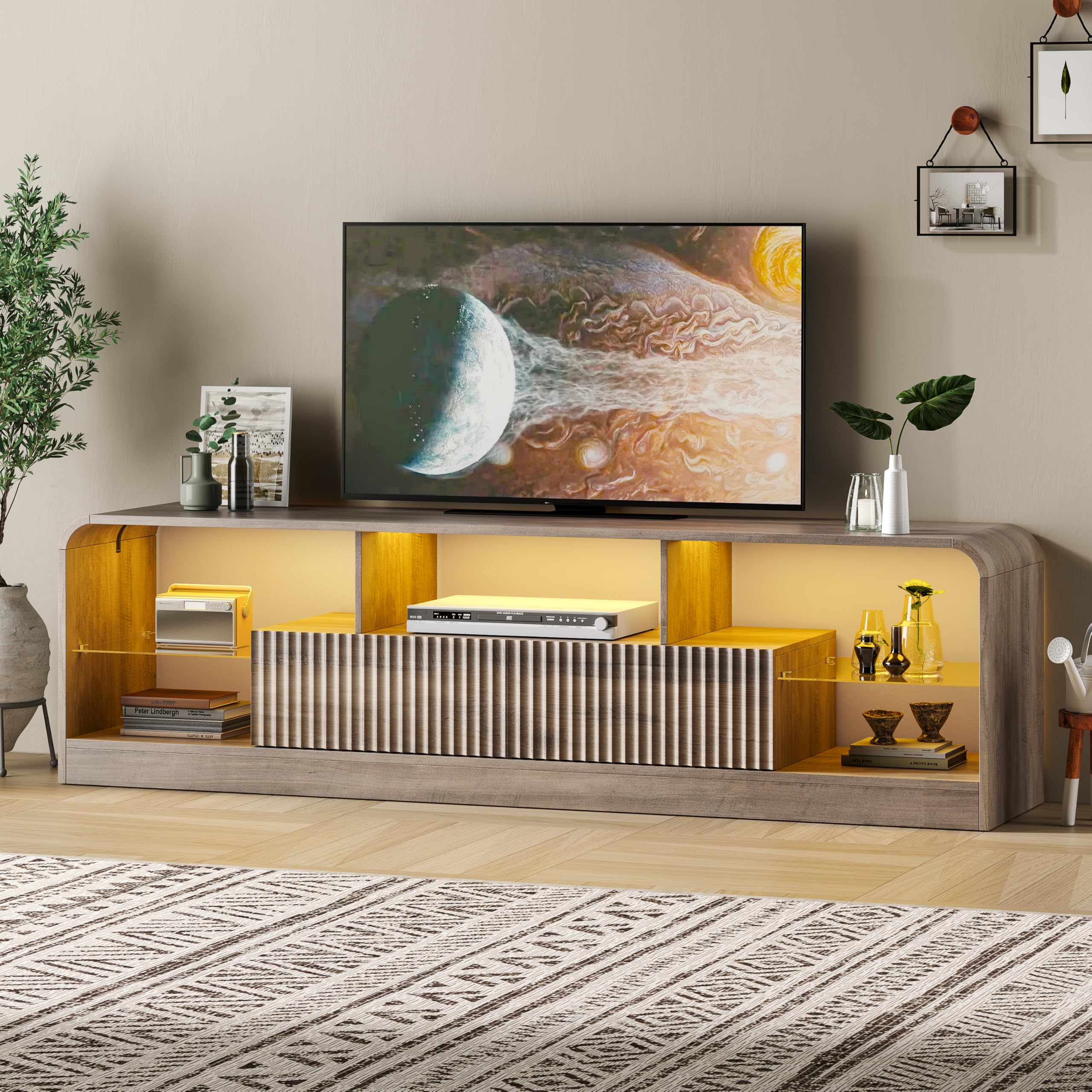 TV Stand with LED Lights & Glass Shelves