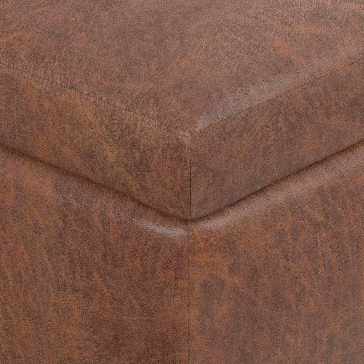 SIMPLIHOME Owen 36" Wide Vegan Leather Ottoman in Distressed Saddle Brown
