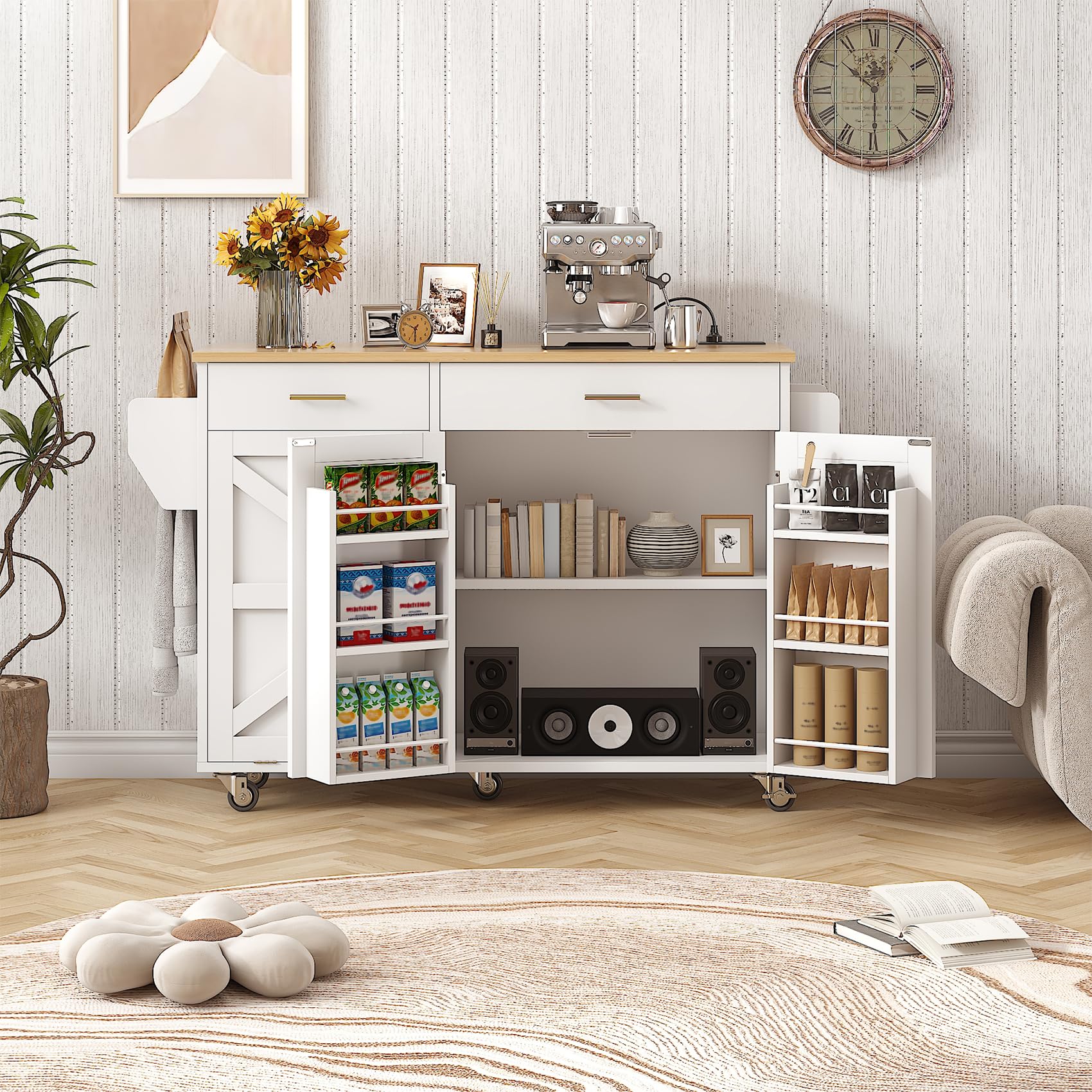 VVFLU 51.8" Kitchen Island Cart with Trash Can Storage, Kitchen Island on Wheels with Power Outlet & Drop Leaf, Rolling Kitchen Cart with Towel Rack & Spice Rack, Mobile Islands Table for Kitchen