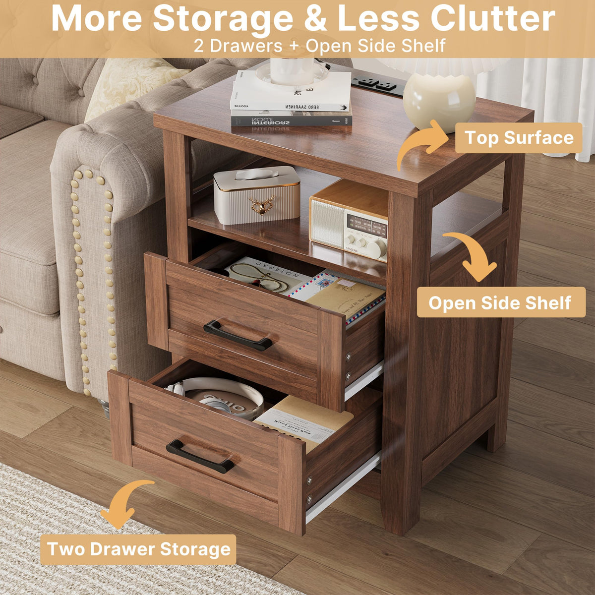 Decofy Farmhouse 2-Drawer Nightstand Set of 2 with Charging Station, Walnut