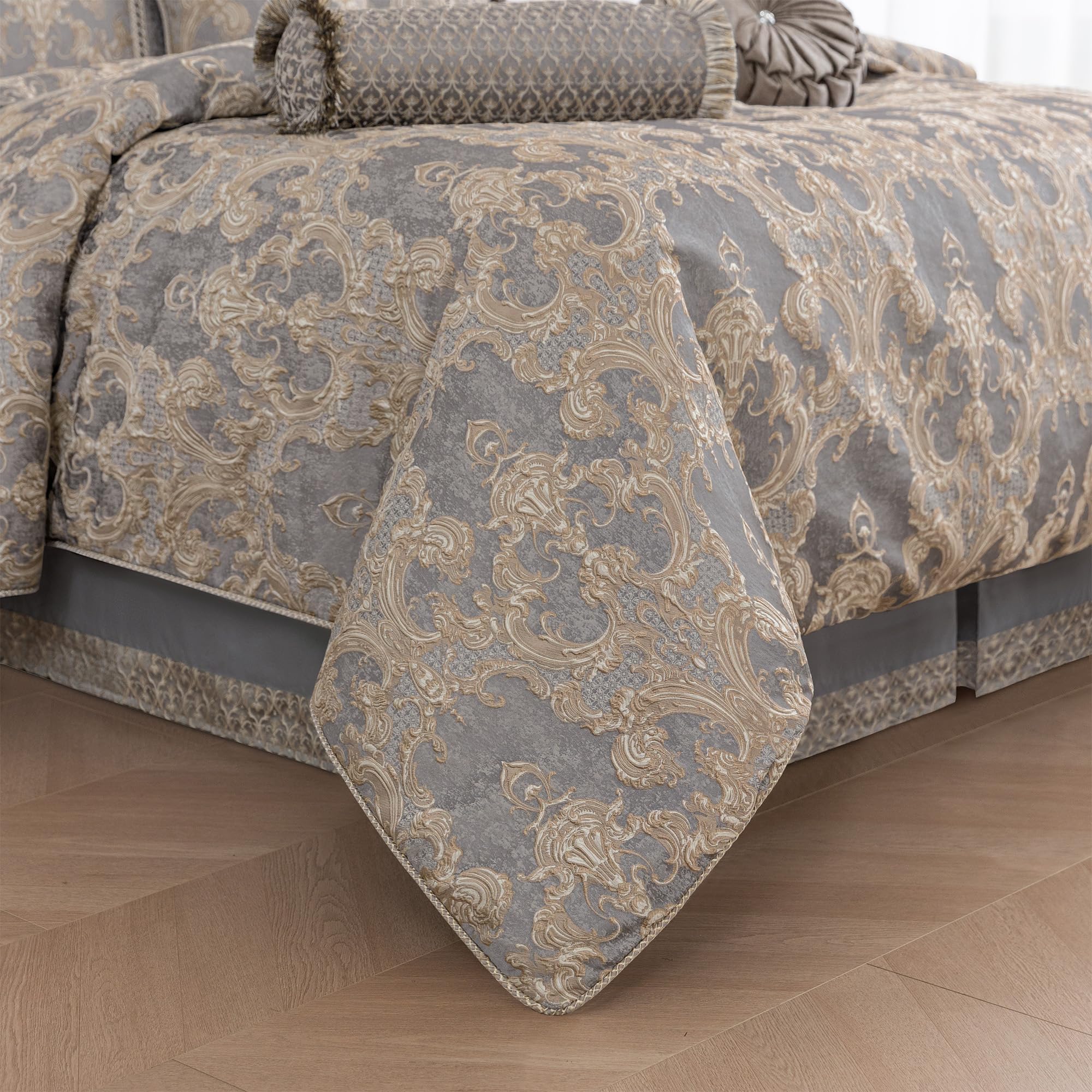 9-Piece Jacquard Comforter Set – Damask, Gray & Beige Brown