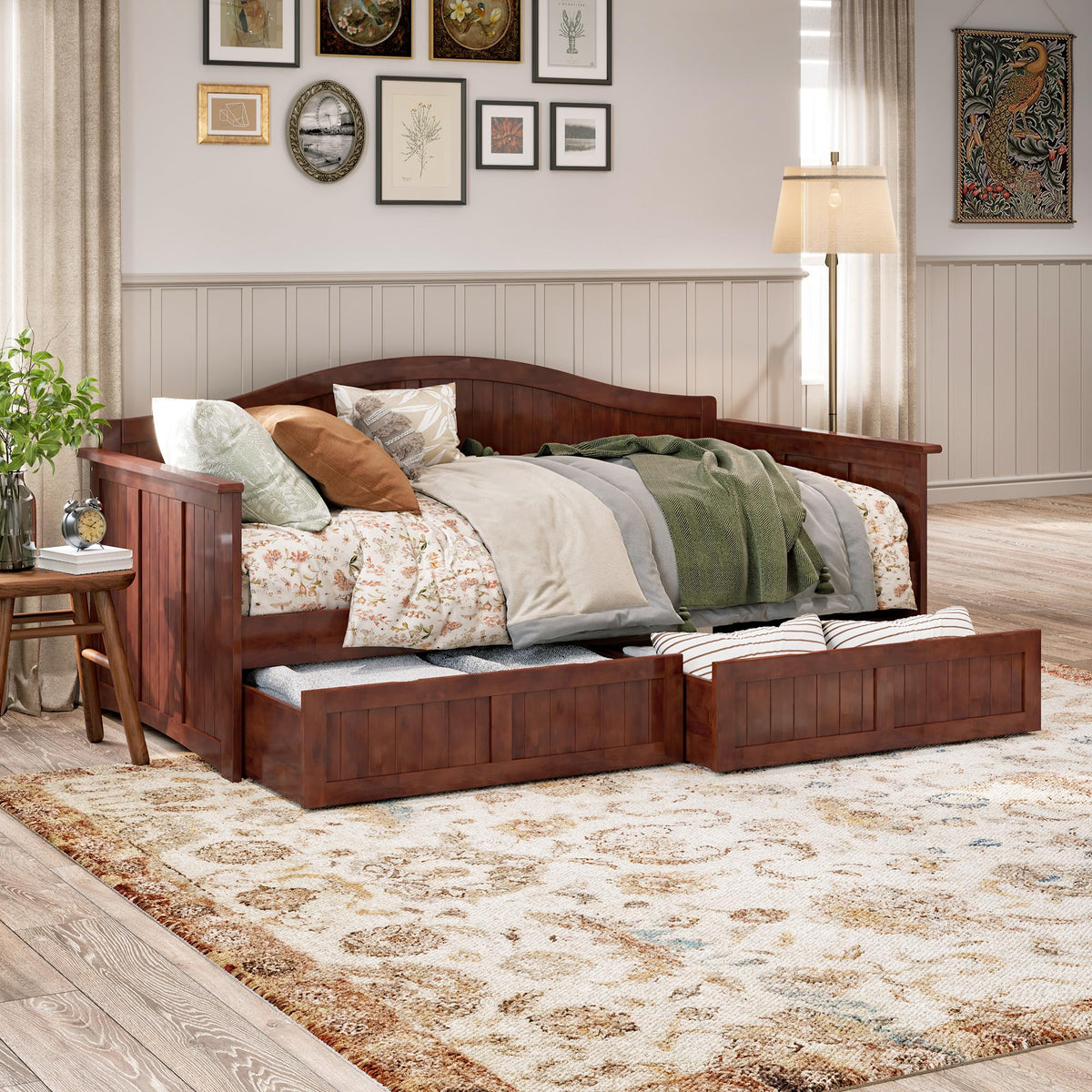 AFI, Nantucket Twin Size Wood Daybed Frame with 2 Storage Drawers, Walnut