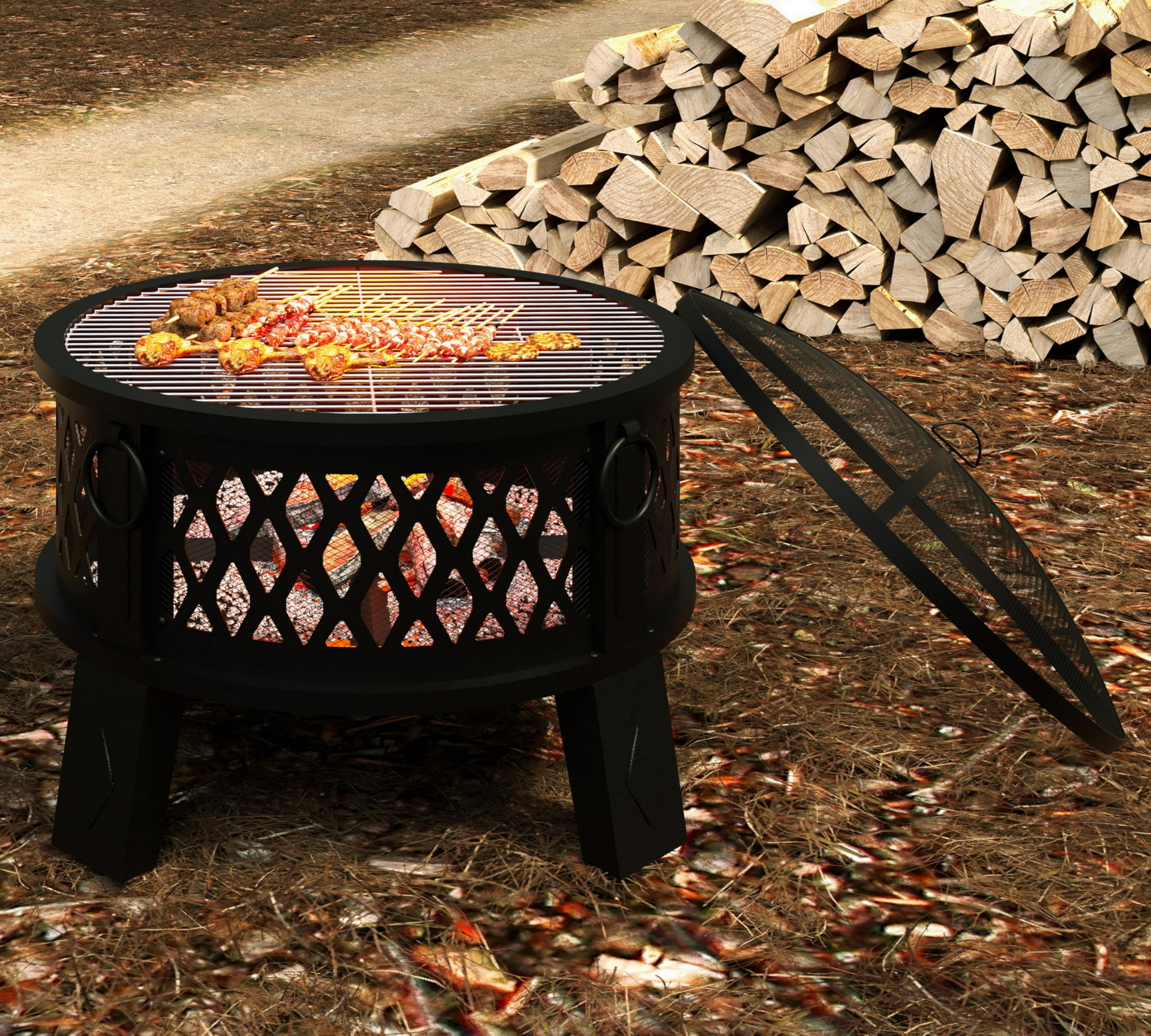 26" Round Steel Fire Pit with Grill & Diamond Mesh