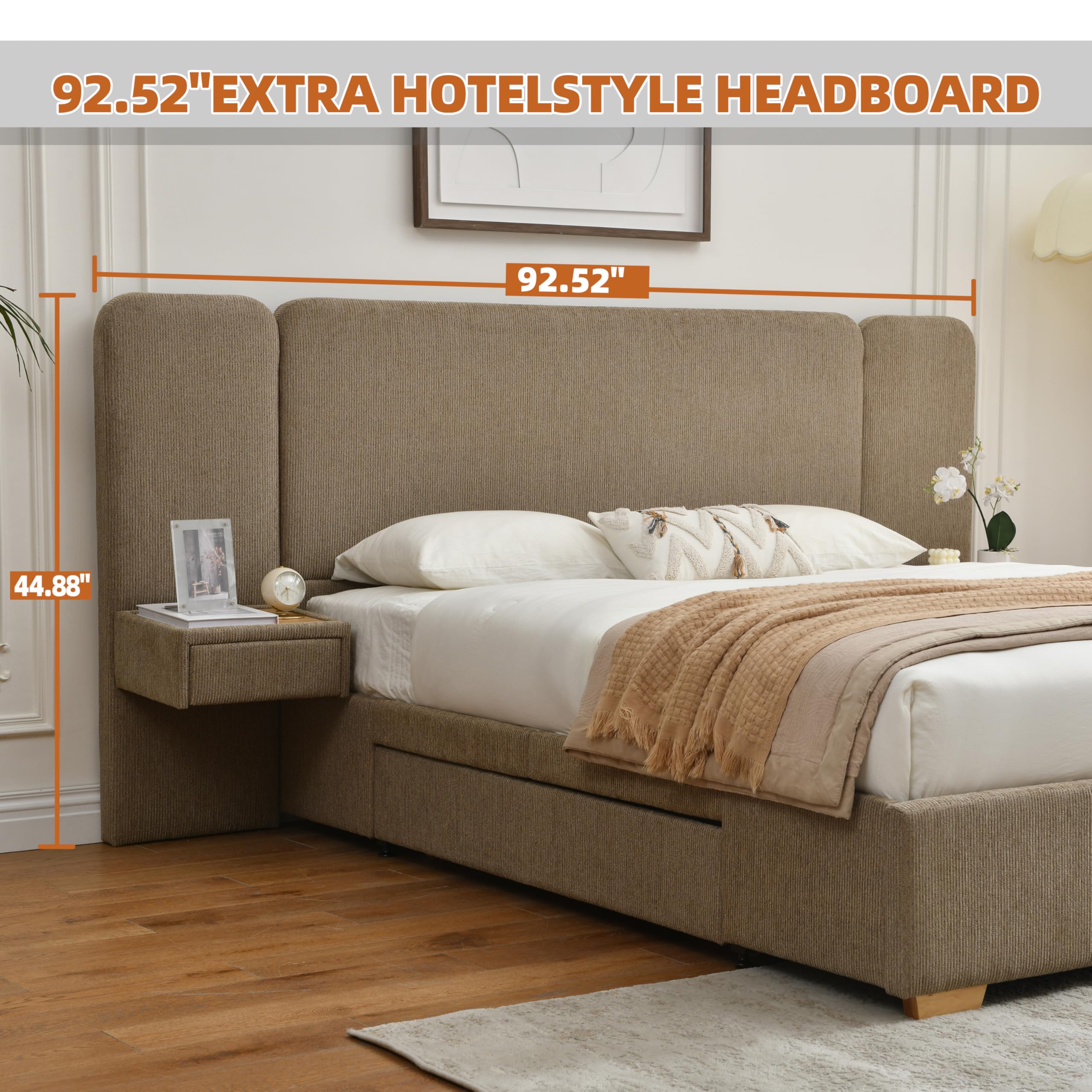 Queen Size Platform Bed Frame with 2 Built-in Nightstands, Wood Bed Frame with 2 Storage Drawers, Luxury Bed Frame with Chenille Upholstered Headboard, Easy Assembly, No Box Spring Needed, Brown