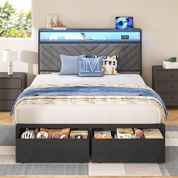 Platform Bed Frame with Charging Station, LED Lights & Storage Drawers