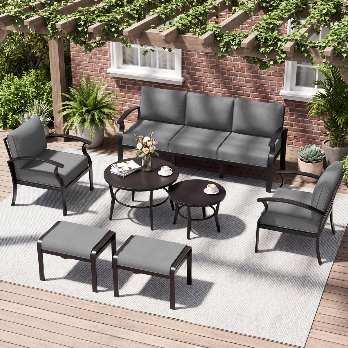 ASJMR 2 Pieces Patio Ottomans, Aluminum Outdoor Ottoman with Removable Cushion, Oversized Outdoor Footstools, Additional Seating, Side Table, Multipurpose Outdoor Footrests for Balcony, Garden, Grey