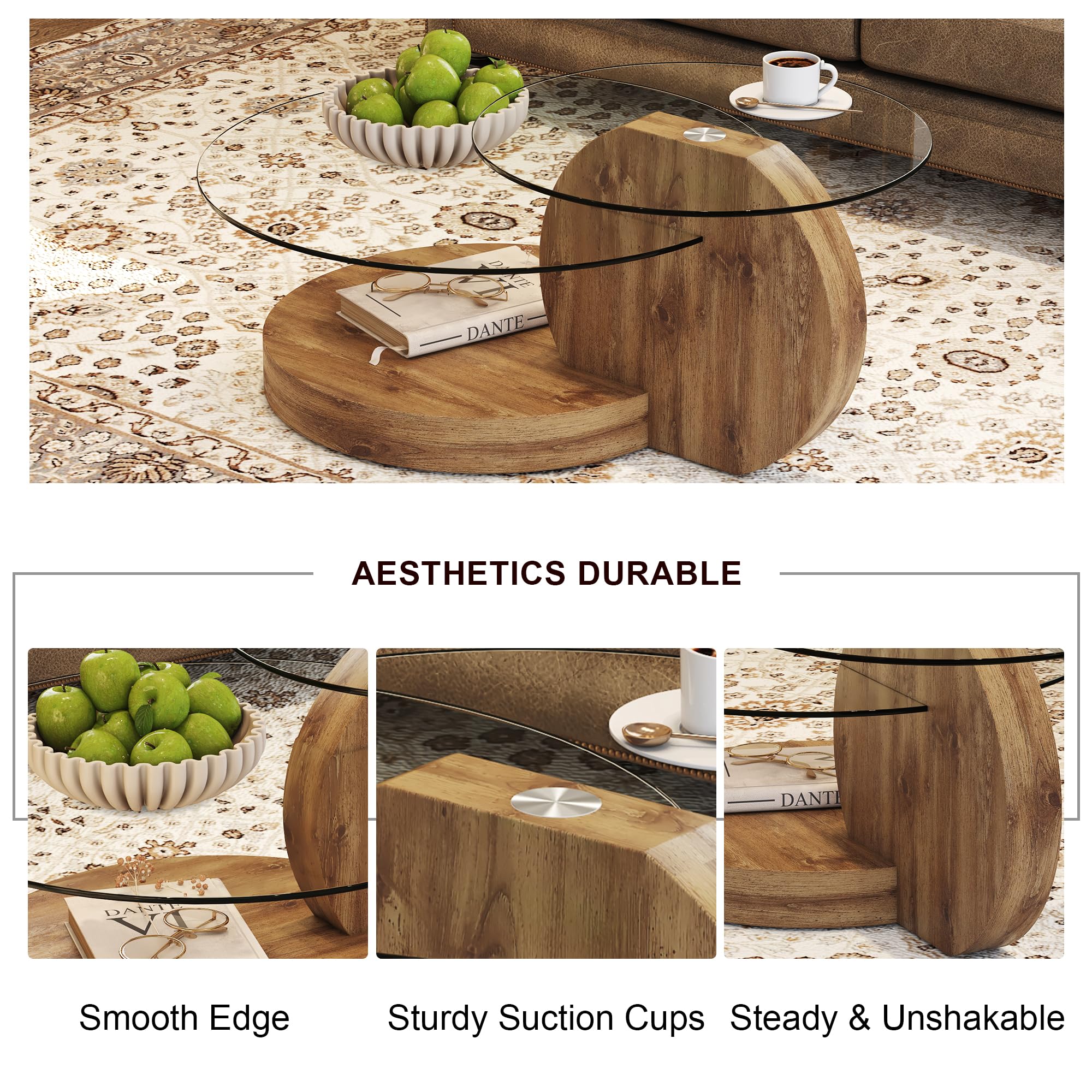 Round Glass Coffee Table with Wood Base & 3-Tier Storage