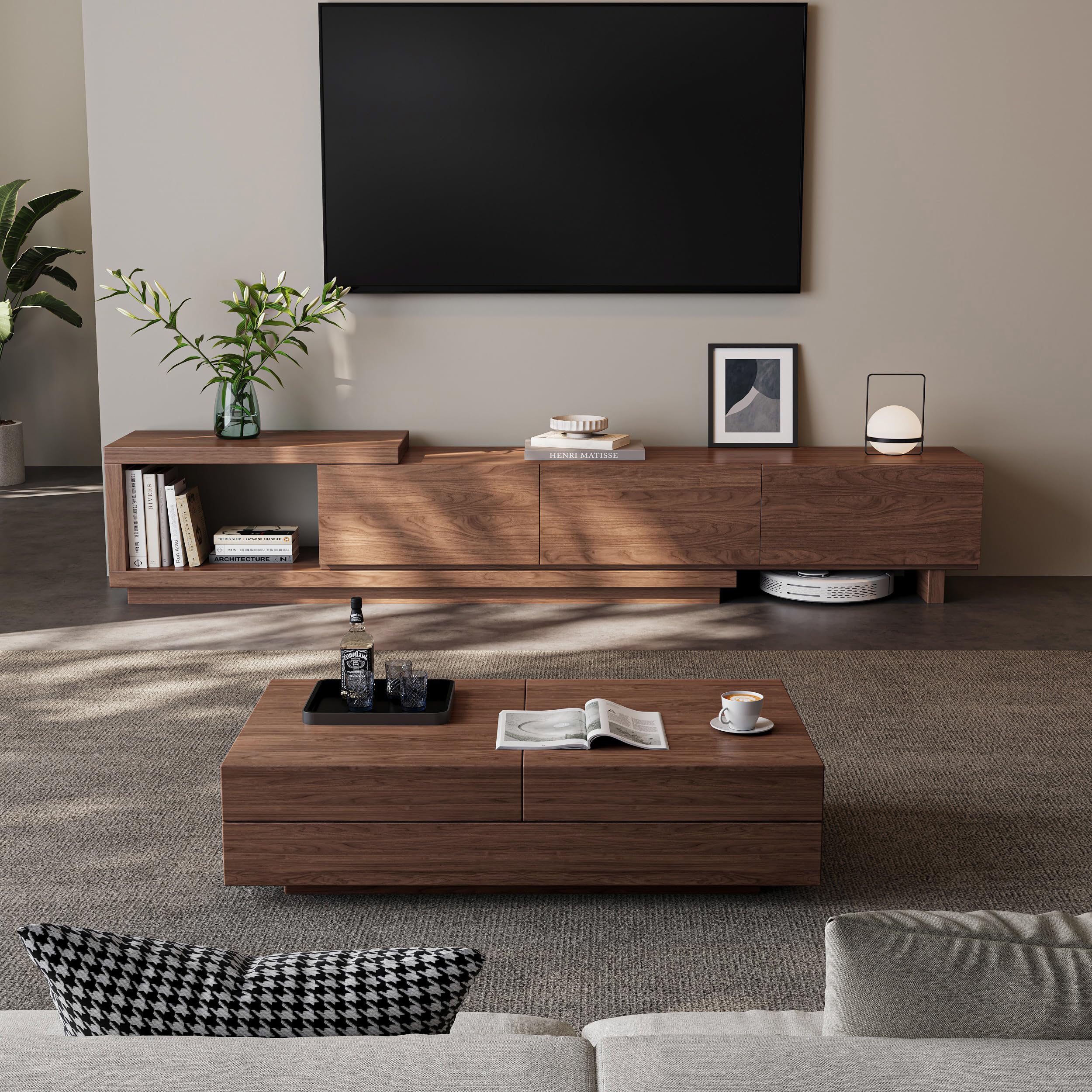 Extendable TV Stand for 65-100 Inches TVs – Walnut Entertainment Console with 3 Drawers & 1 Storage Compartment, Adjustable Length 68.5''-98.4'' (Walnut, 68.5''-98.4'')