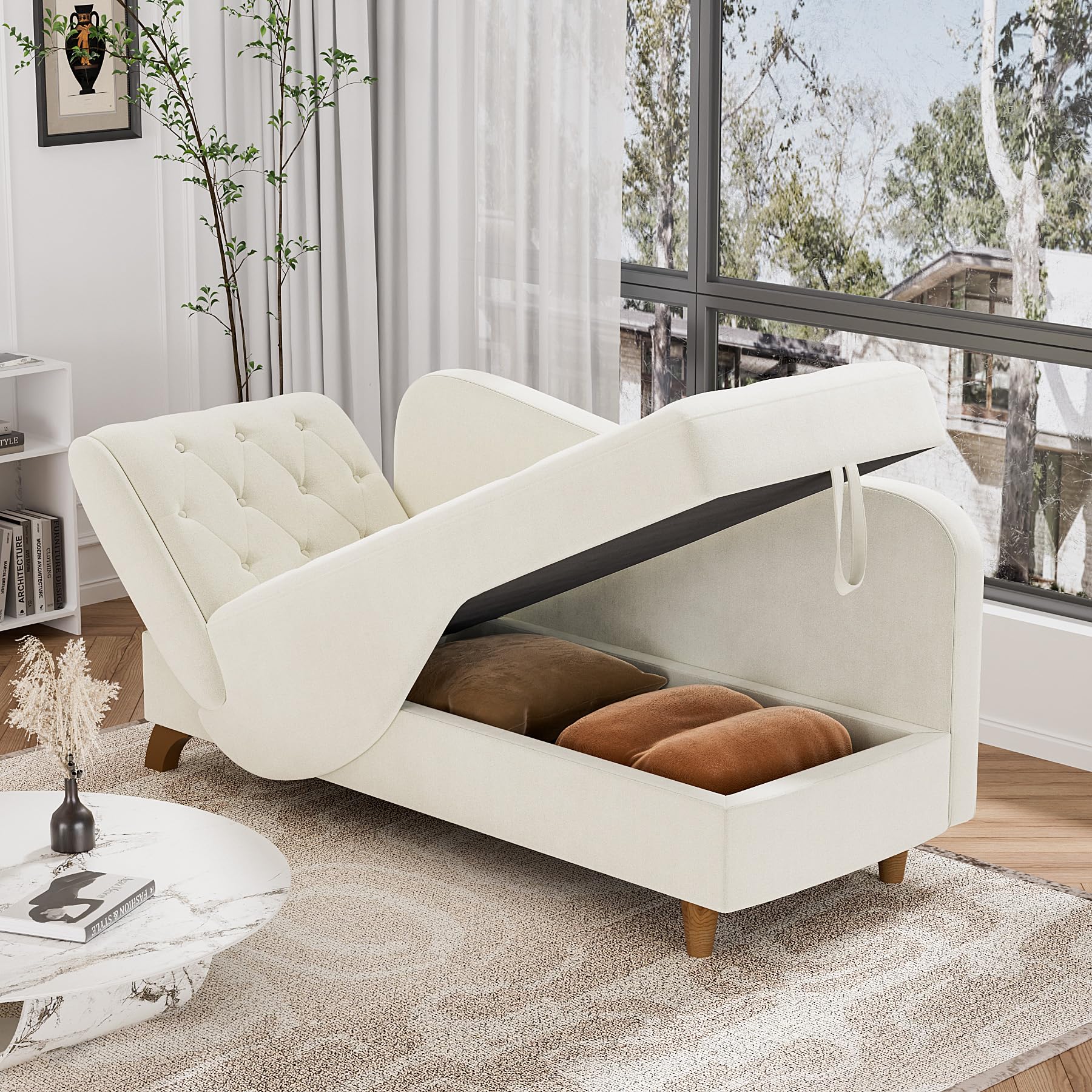 DAMAIFROM Chaise Lounge Chair Indoor with Storage, Adjustable Backrest Recling Reading Chair Sleeper Sofa Bed with Pillow, 3 in 1 Velvet Futon Lounge Chair for Living Room Bedroom, Beige White
