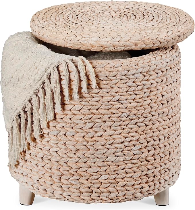 Round Water Hyacinth Storage Ottoman