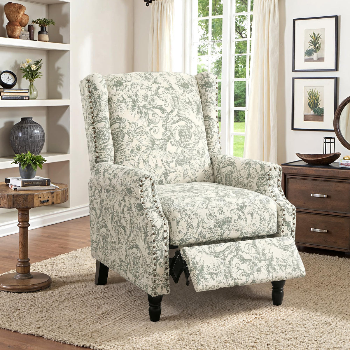 DREAMSIDEA Wingback Floral Pushback Recliner Chair, Rococo Green, Set of 1