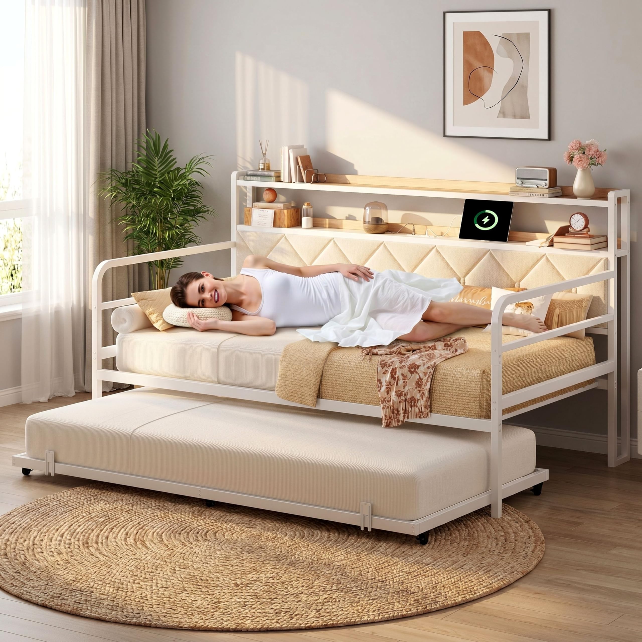 LIKIMIO Twin Daybed with Trundle, 700lbs Capacity, LED Lights & Charging Station, Twin Bed Frame with Storage, Convertible Sofa Bed for Bedroom, Living Room, White
