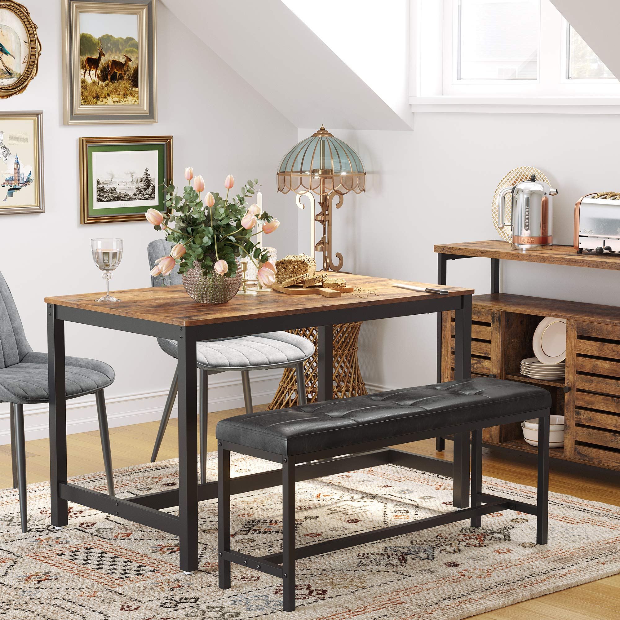 VASAGLE Dining Table Bench, Ottoman Bench with PU Leather Padded Seat, Steel Frame, 42.5 x 12.8 x 18.9 Inches, for Dining Room, Living Room, Hallway, Bedroom, Black UKTB034B81