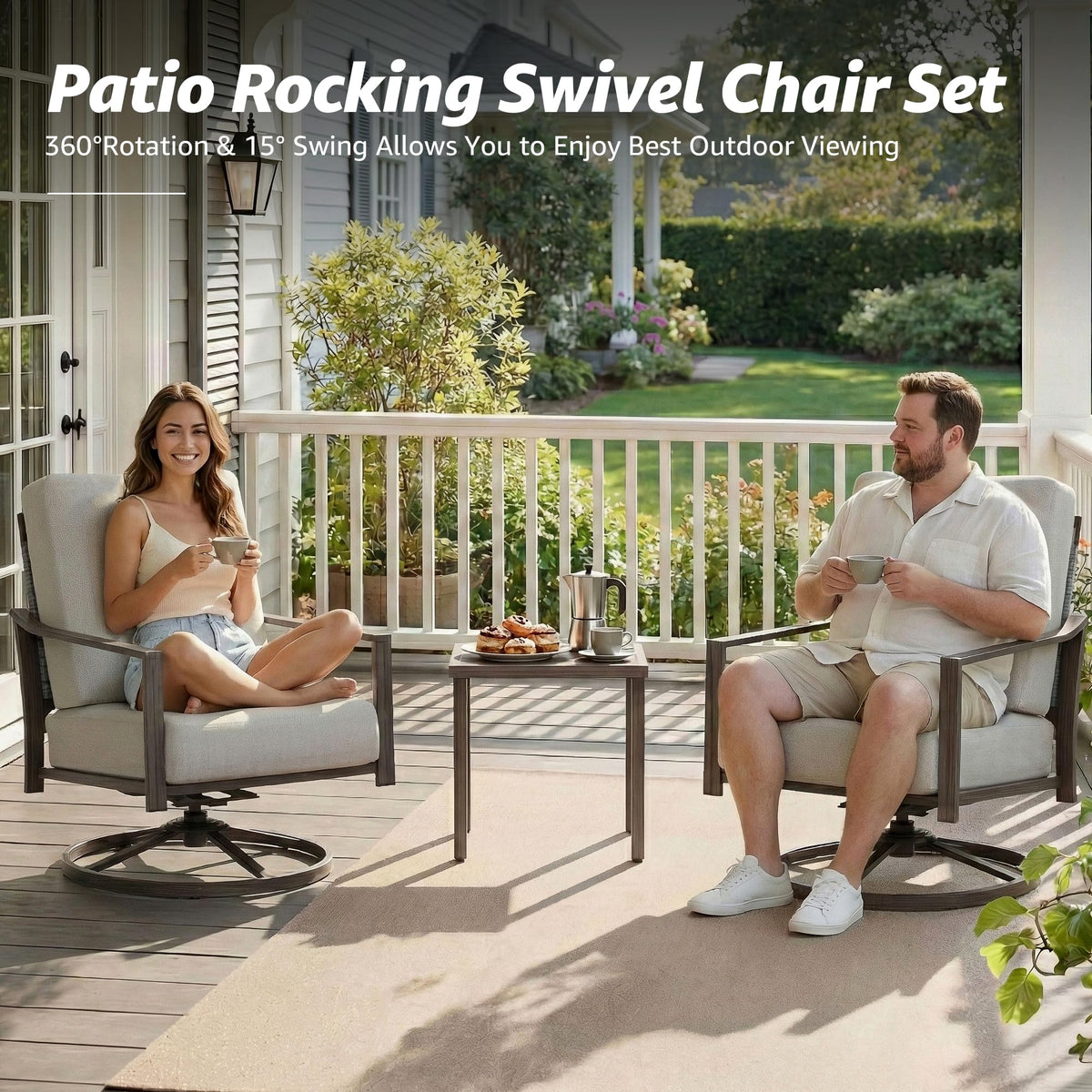 NATURAL EXPRESSIONS 3-Pc Rope Back Swivel Rocker Outdoor Bistro Set, Grey