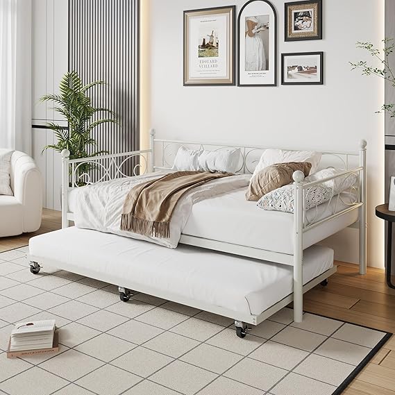 Twin Daybed with Trundle – Metal Frame, Space-Saving Sofa Bed