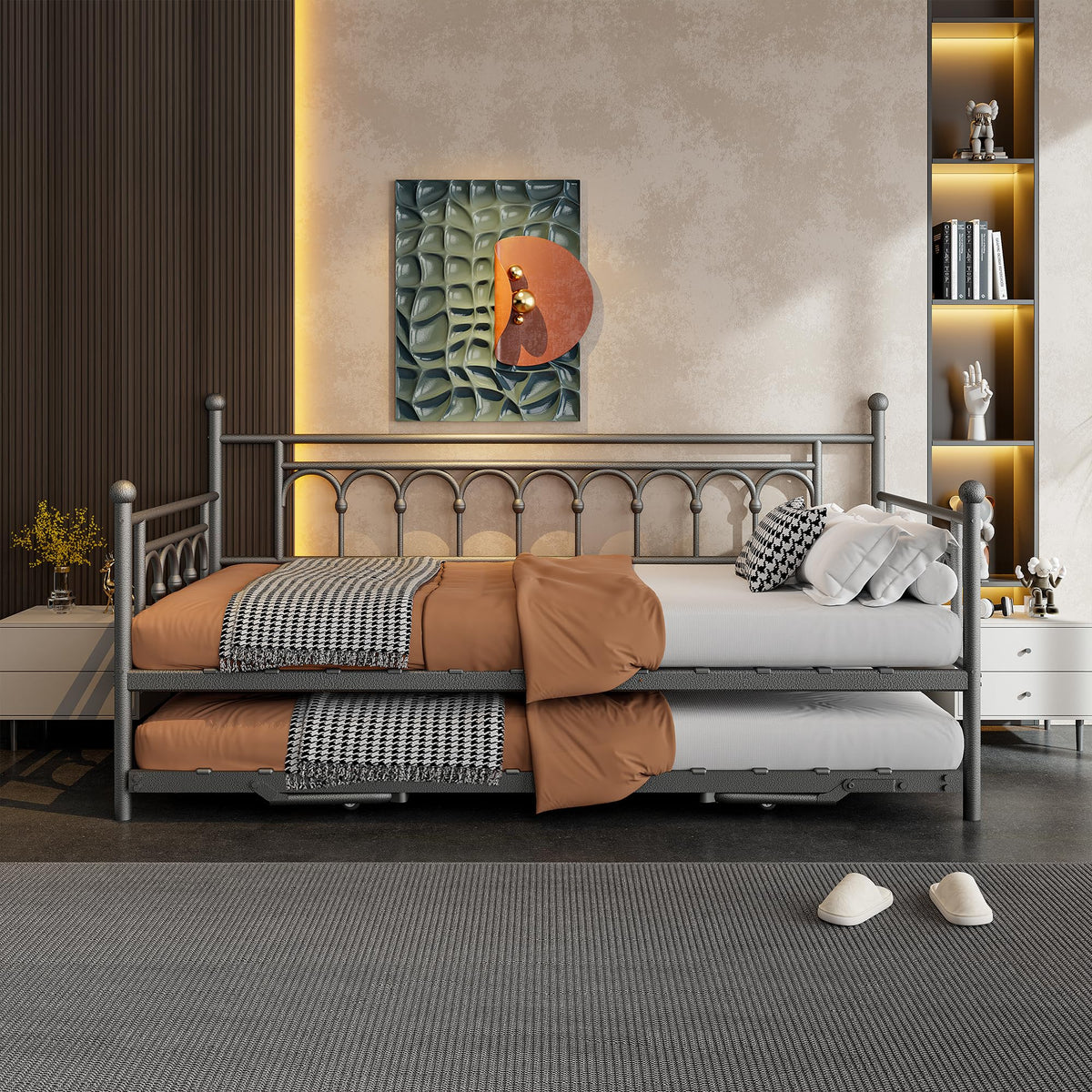 kuurfuurdo Day Bed with Trundle Bed Twin Size Metal Daybed with Pop up Trundle Daybed Farme Space Saving Sofa Bed for Adults Kids Bedroom Guest Room Living Room No Box Spring Needed