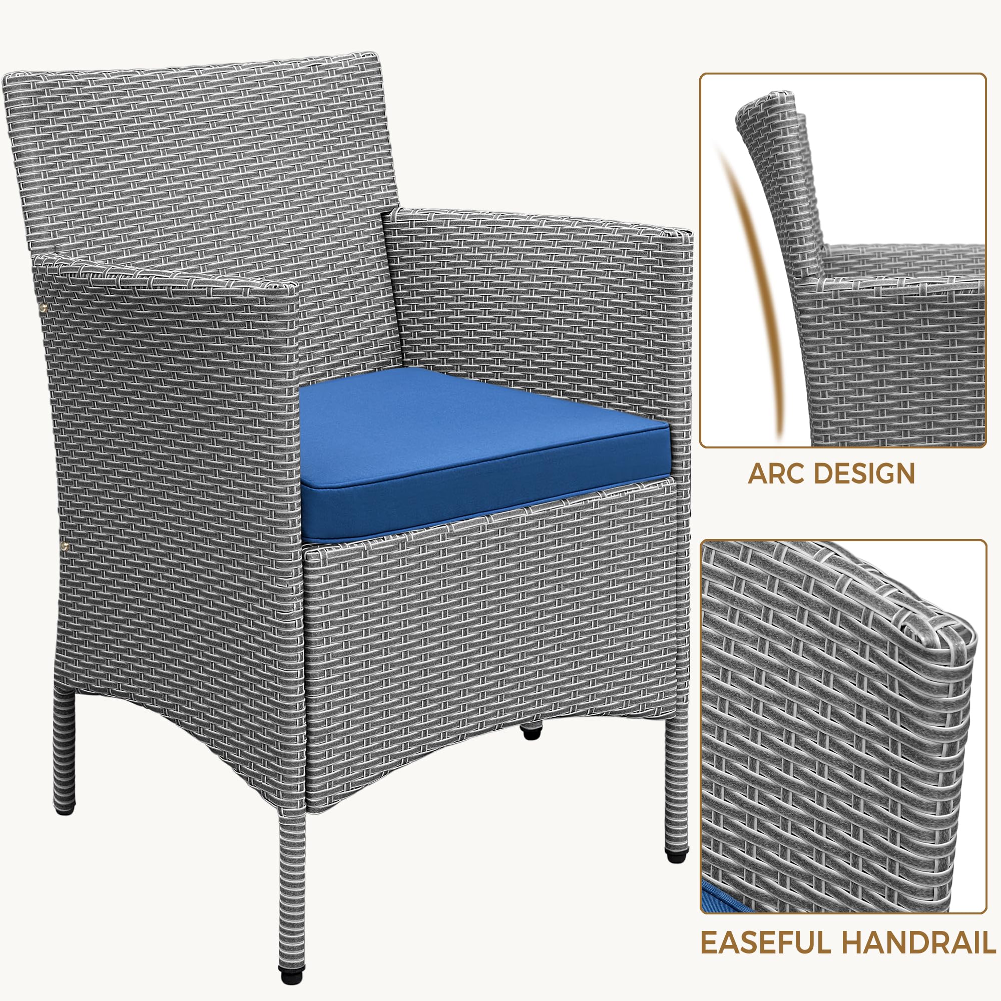 Yaheetech 3 Pieces Patio Porch Furniture Set, Outdoor PE Rattan Wicker Conversation Set with Soft Cushions, Glass Coffee Table & 2 Chairs for Garden/Deck/Courtyard/Poolside, Gray/Dark Blue