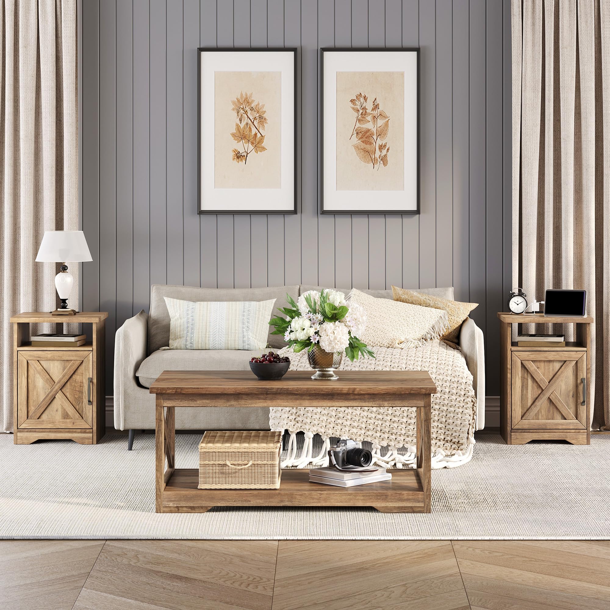 LUXOAK 3-Piece Farmhouse Living Room Table Sets, Includes 1 x Coffee Table, 2 x End Tables with Charging Station & USB Ports, Rustic Coffee Table Set of 3, Barnwood