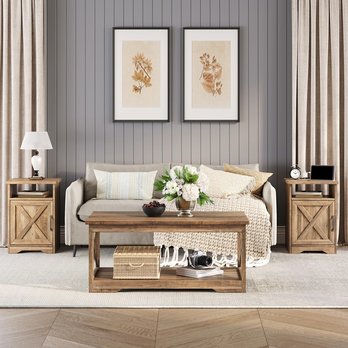 LUXOAK 3 Piece Living Room Table Set with Barn Door, Barnwood