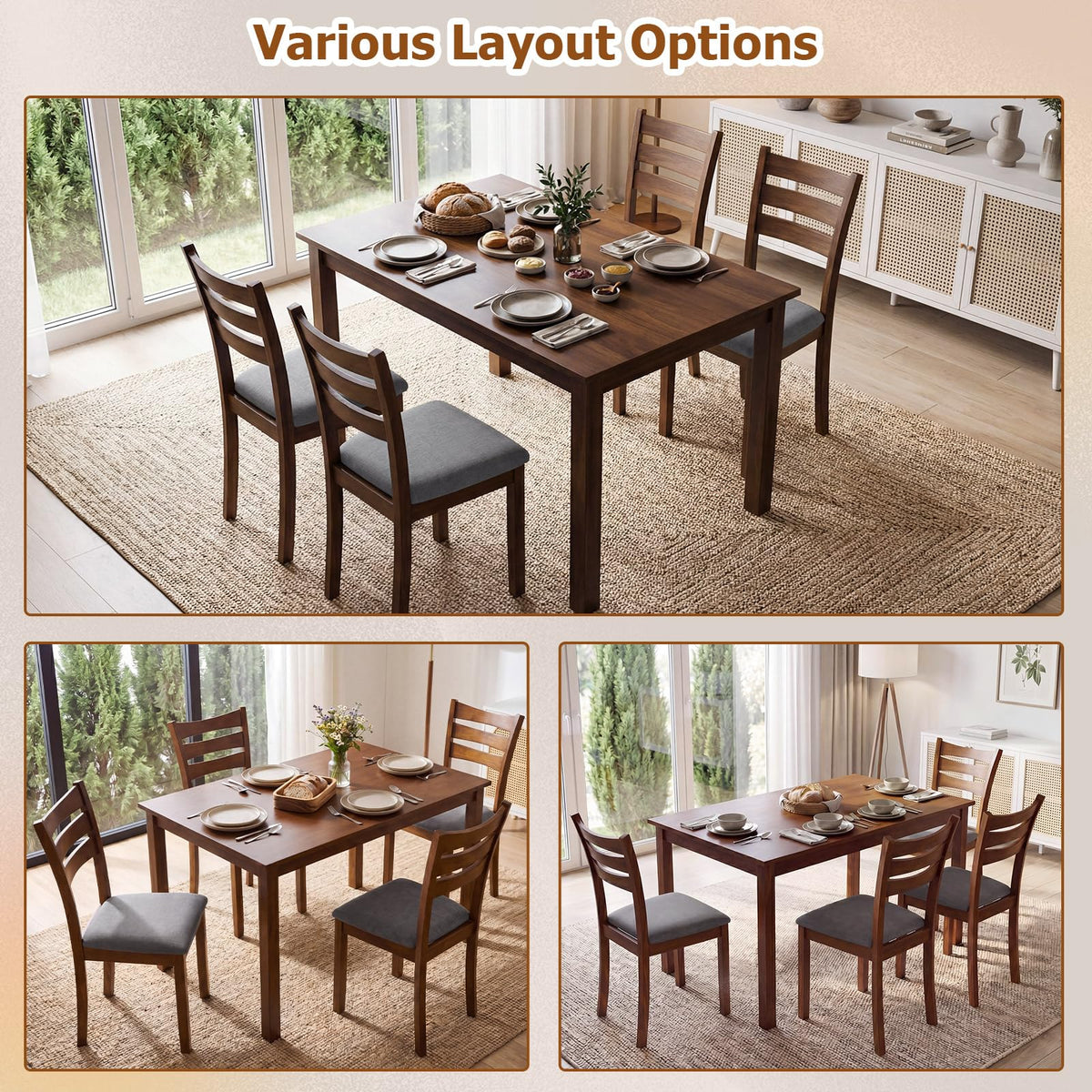 GIANTEX Dining Table Set for 4, Rectangular Kitchen Table Set w/ 4 Upholstered Chairs & Solid Rubber Wood Frame, Space-Saving Farmhouse Dinette Set for Small Space, Dining Room, Breakfast Nook