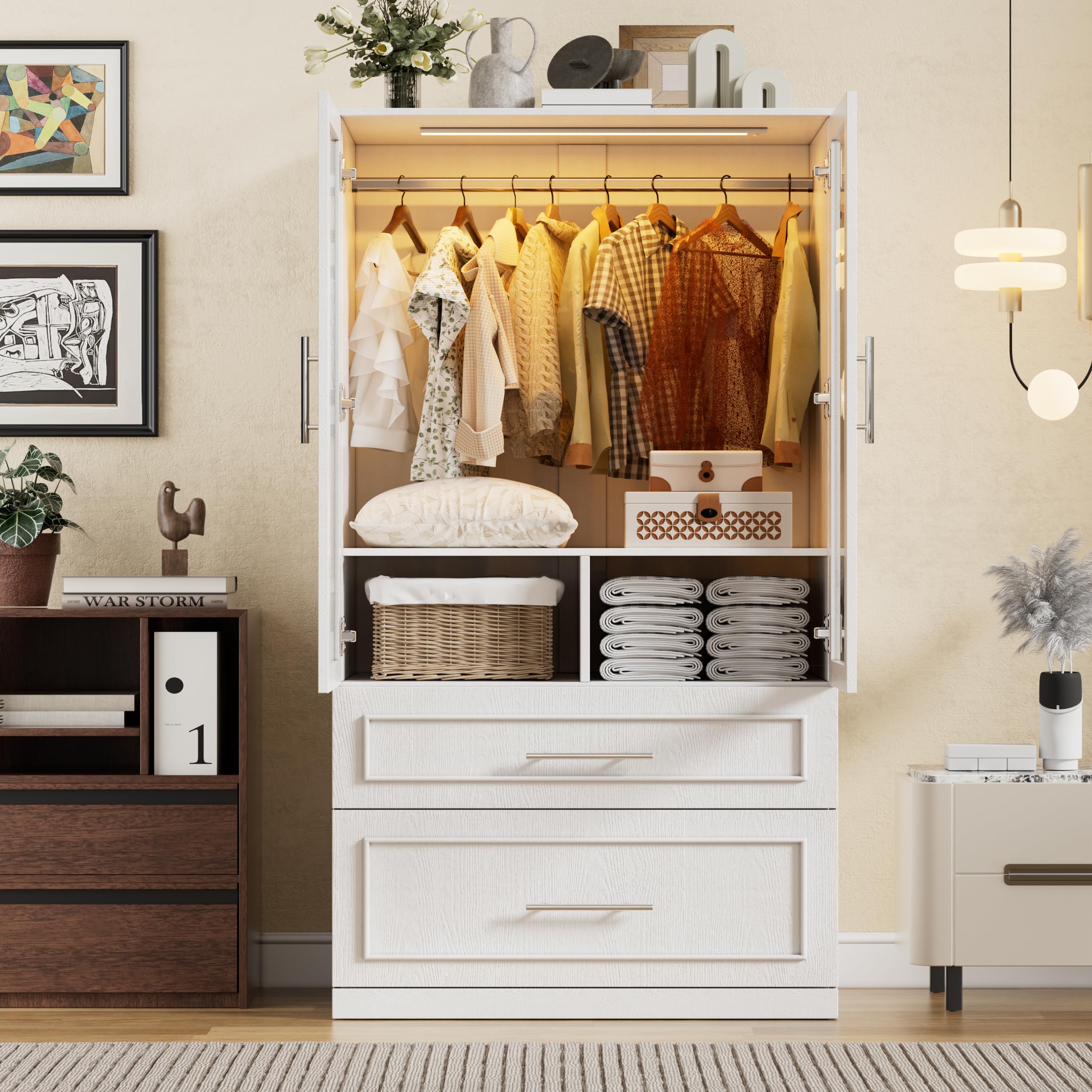 Armoire Wardrobe Closet with LED Light, Drawers & Hanging Rod