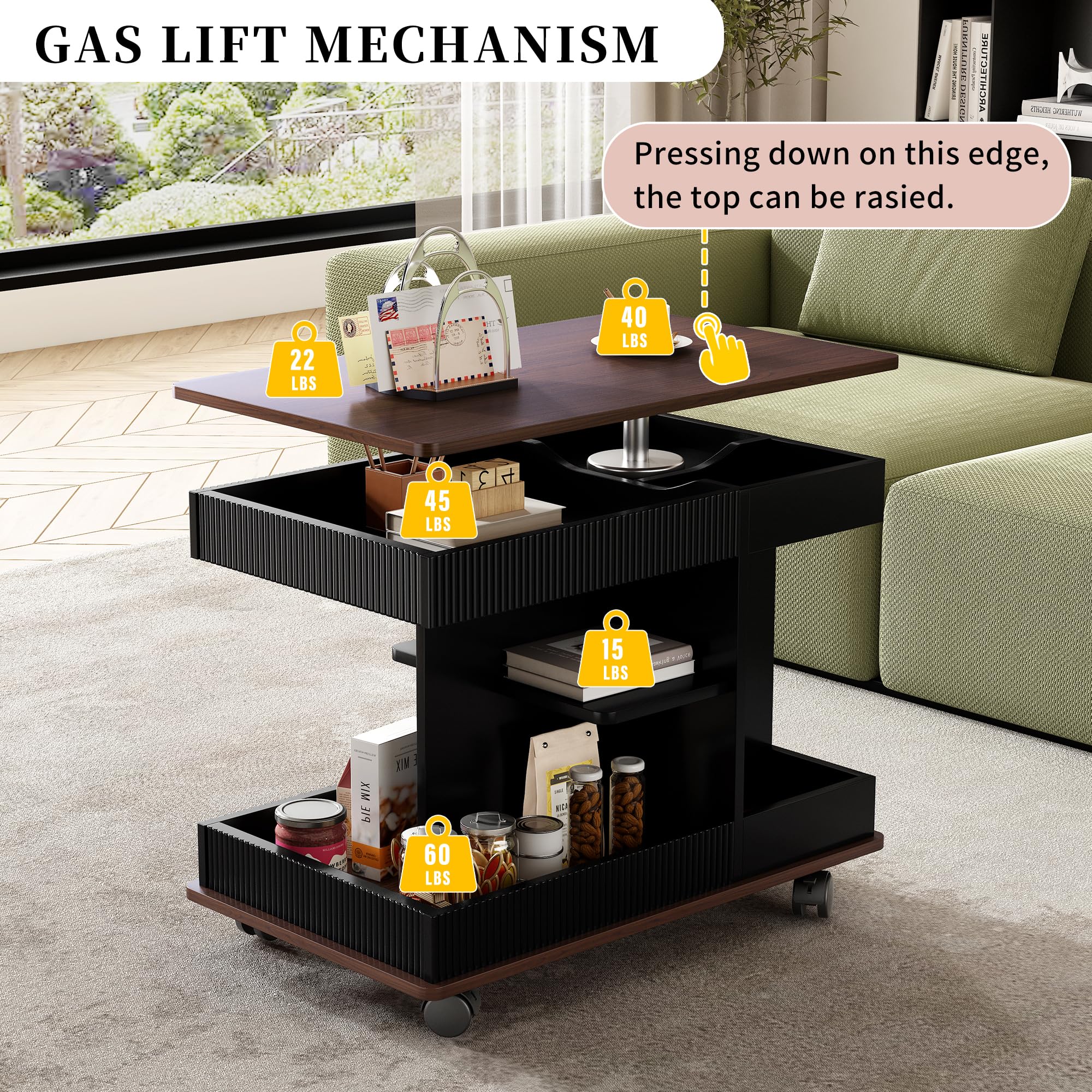 Merax Adjustable End Table with Wheels, Modern Multifunctional Sofa Side Table with Lift-Top, 360°Rotating Top and Storage Space for Living Room, Small Space, Black+Brown