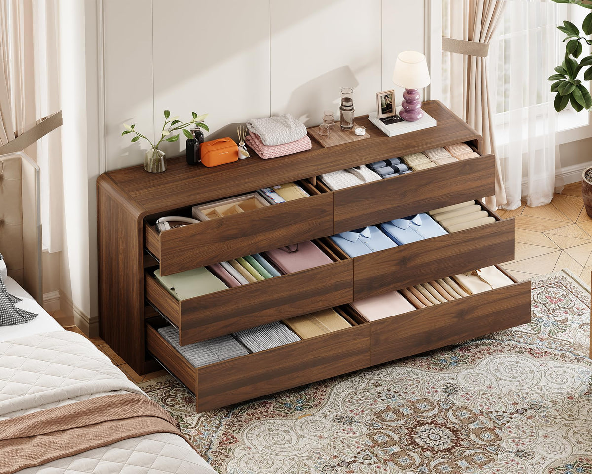 TEENFON 55" Dresser for Bedroom with 6 Drawers, Dressers & Chests of Drawers with Curved Profile Design, 6 Drawer Dresser, Bedroom Dressers, Wood Dressers for Bedroom, Hallway, Walnut