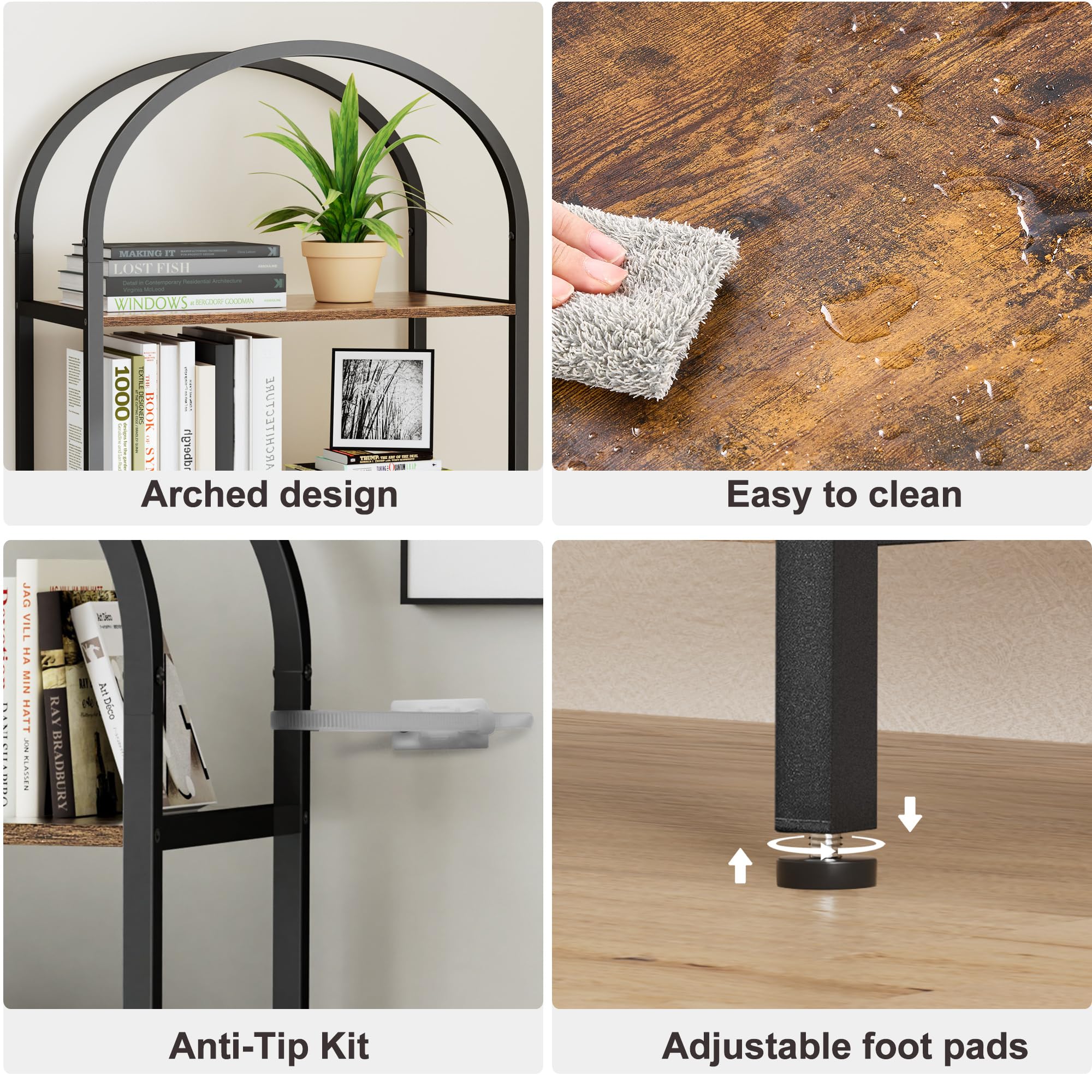 Homhedy 5-Tier Bookshelf Arched Display Racks, Wood and Metal Bookcase, Tall Bookshelf, Industrial Display Standing Shelf Unit, for Home Office, Living Room, Bedroom, Bathroom, Rustic Brown