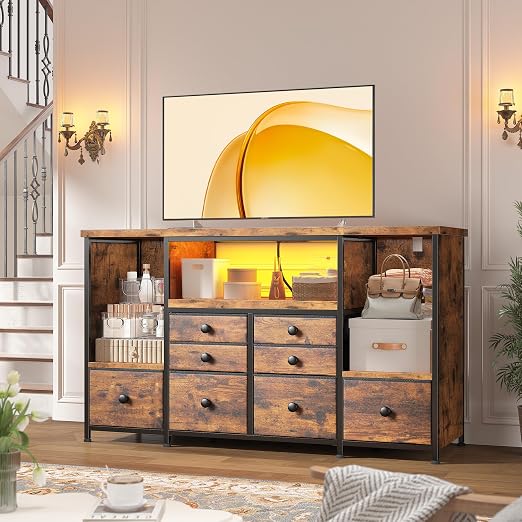 Dresser with 8 Fabric Drawers, Open Shelf, LED Lights & Charging Station