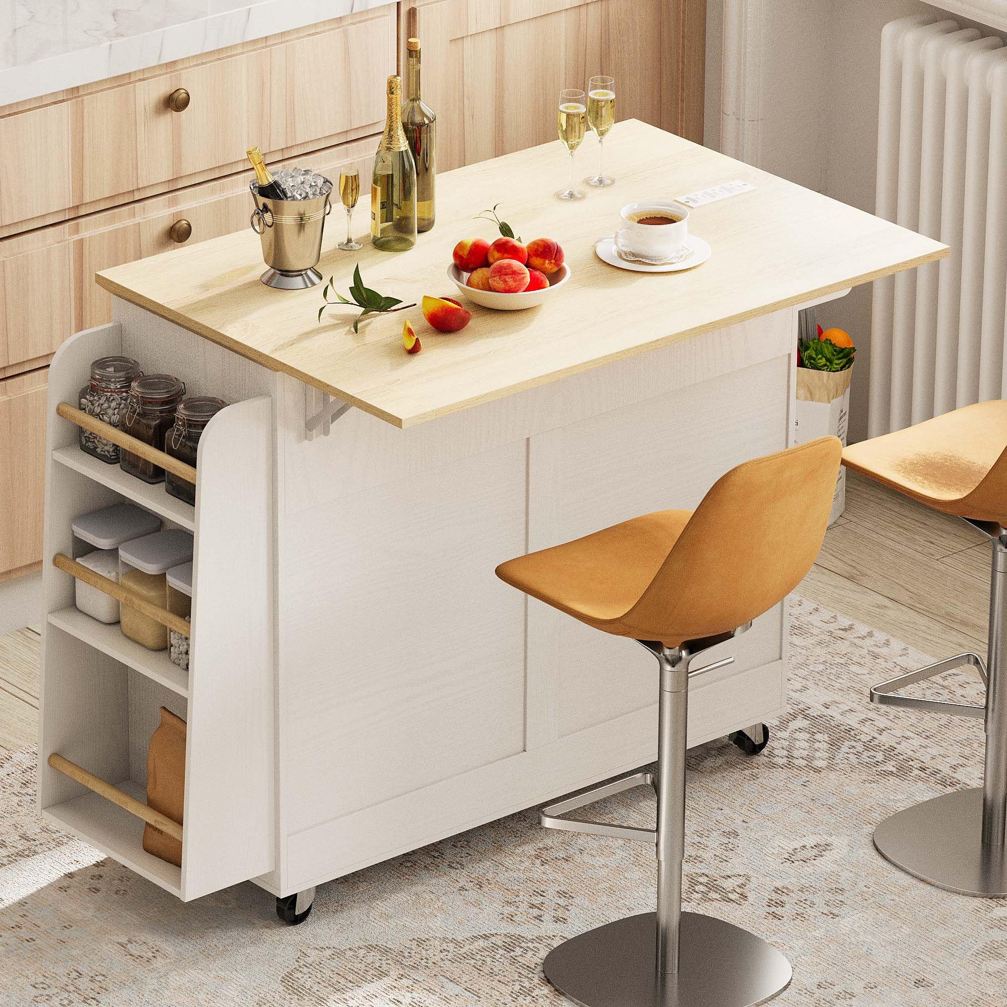 Kitchen Island Cart with Power Outlet & Drop Leaf