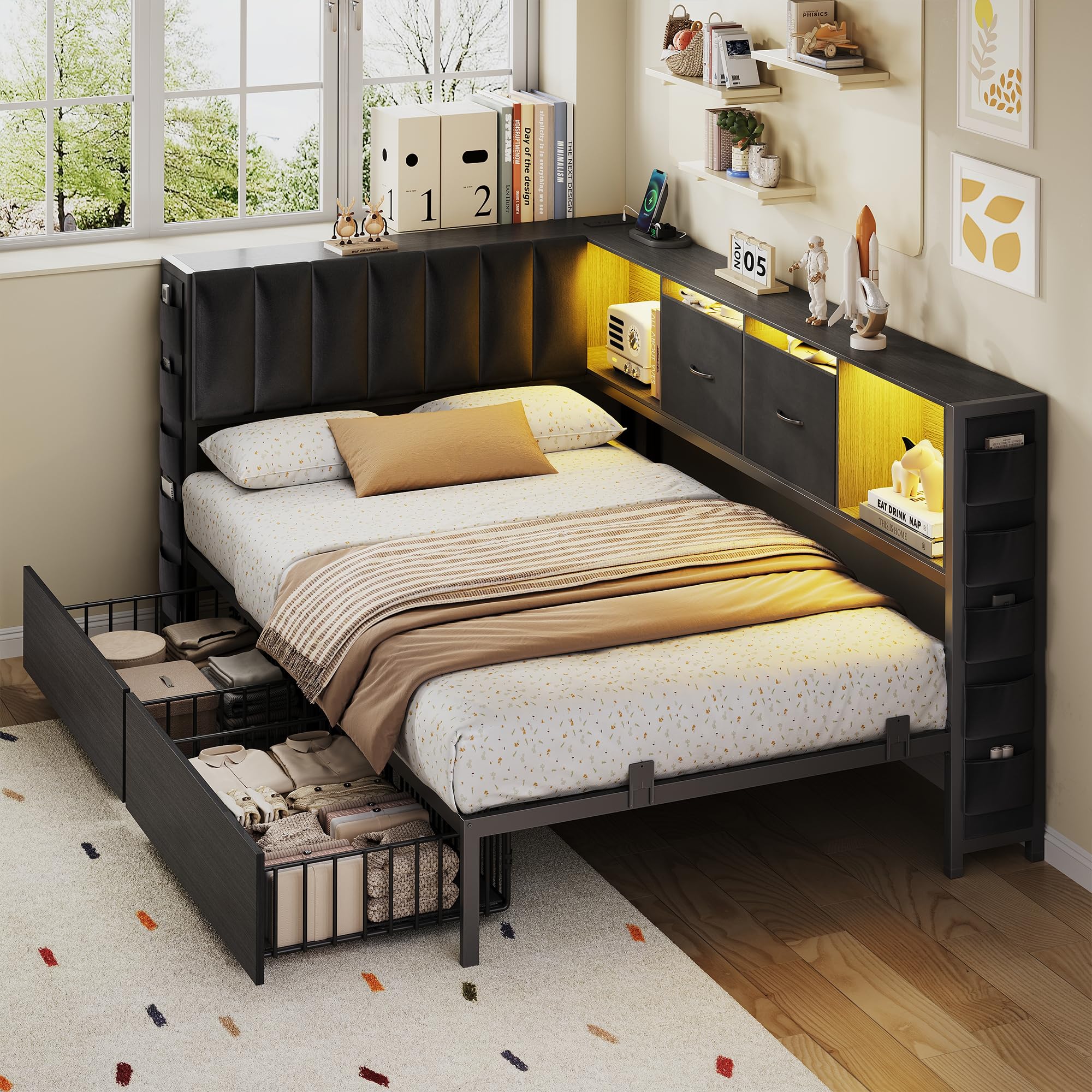 L-Shaped Corner Bed Frame with Storage & LED