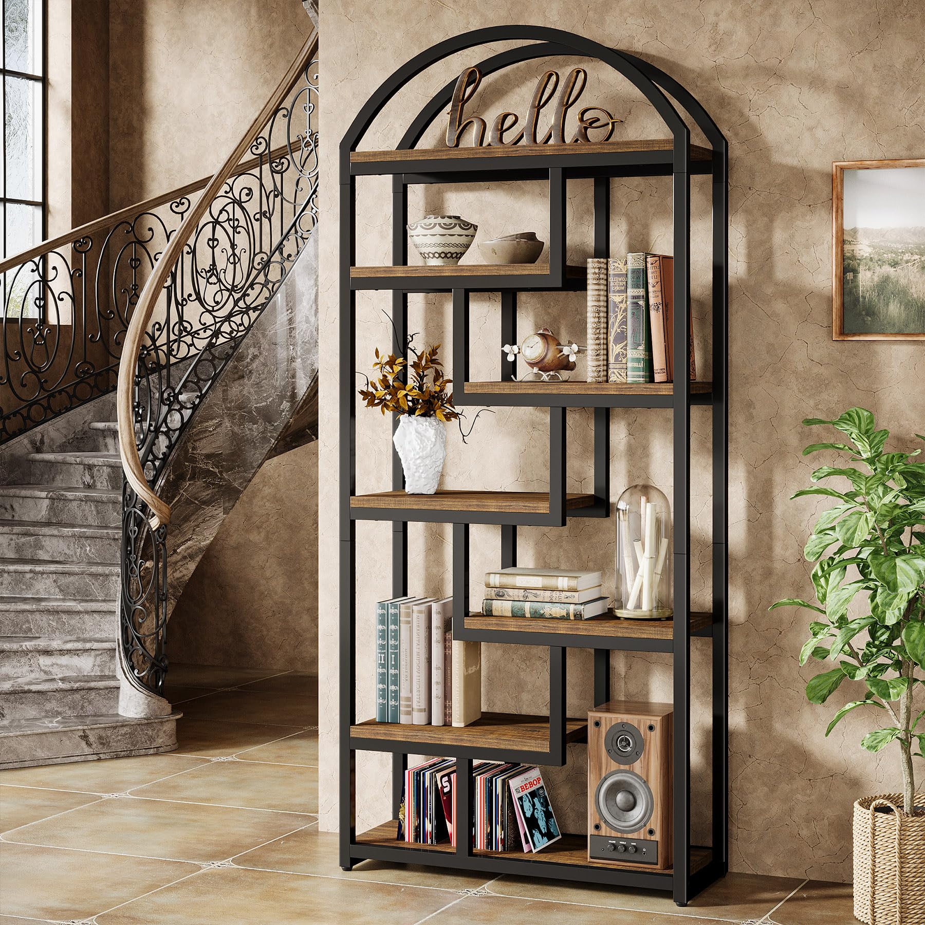 71" Arched Bookshelf 7-Shelf Industrial Etagere