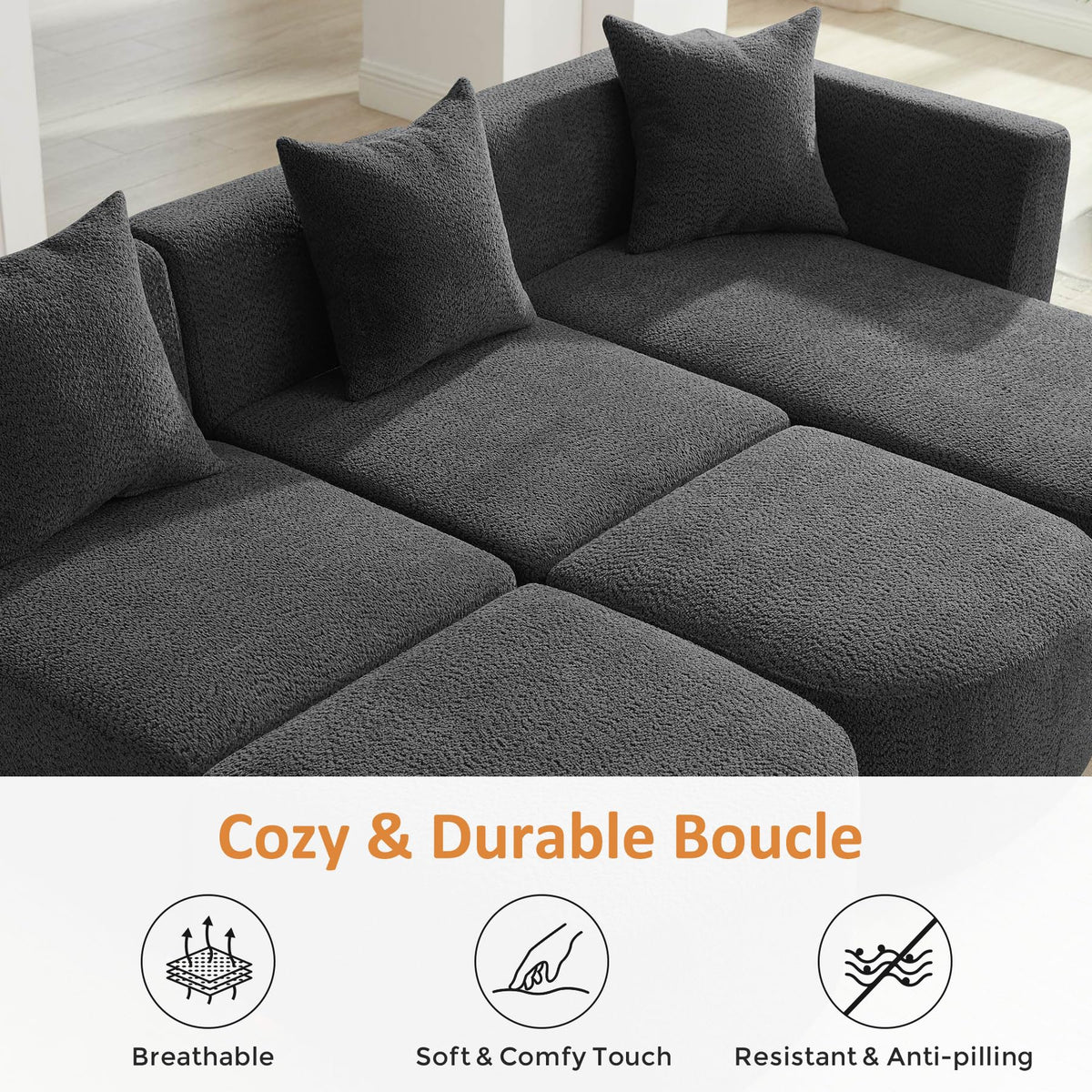 VANOMi 109.84" Modular Sectional Sofa with Pillows, 5-Seater, Dark Gray