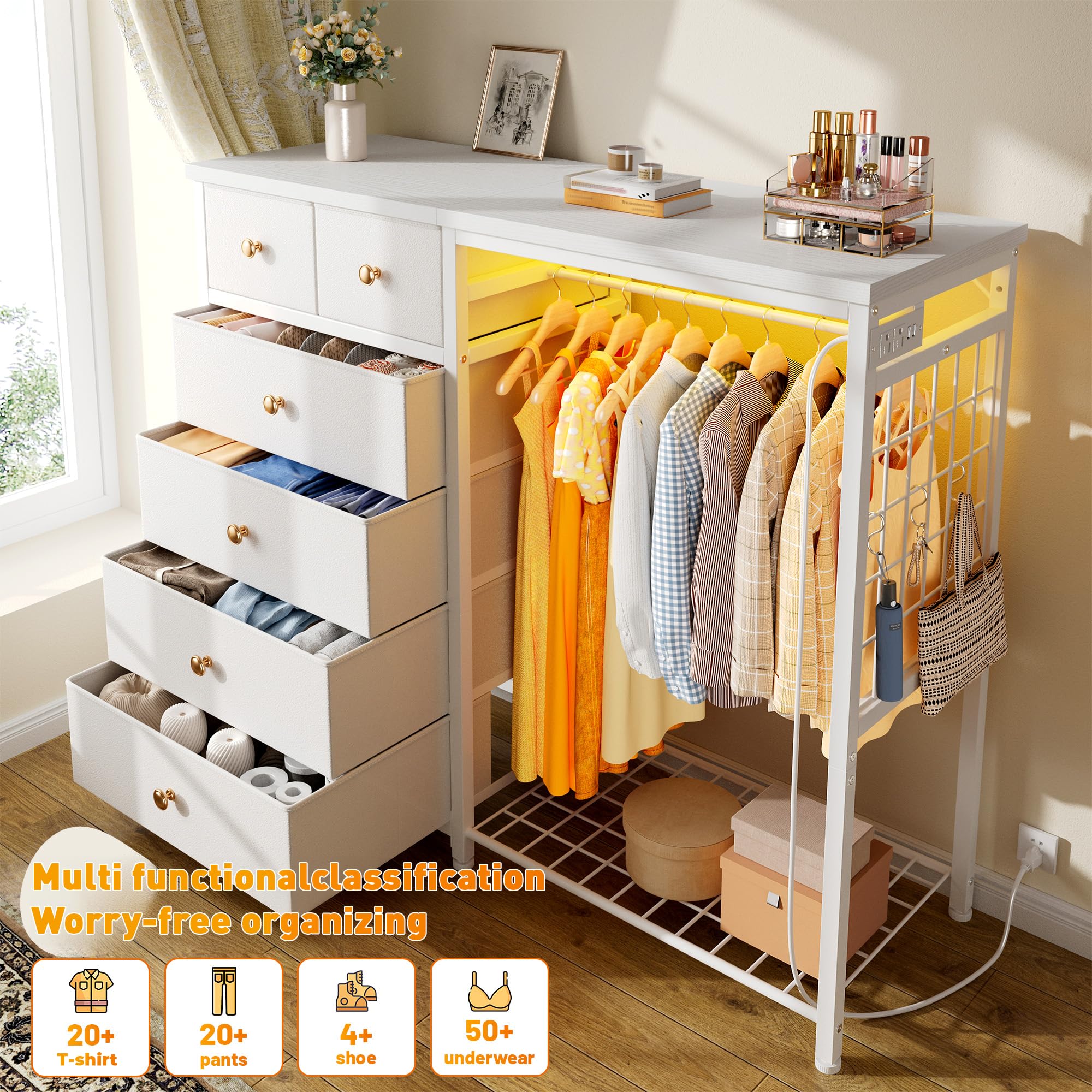 EnHomee 49.2" W Dresser with Hanging Rack & 6 Fabric Drawers for Bedroom, Featuring LED Lights and Charging Station, White Fabric Dressers & Chest of Drawers with Grid Panel & 4 Hooks, Wooden Top