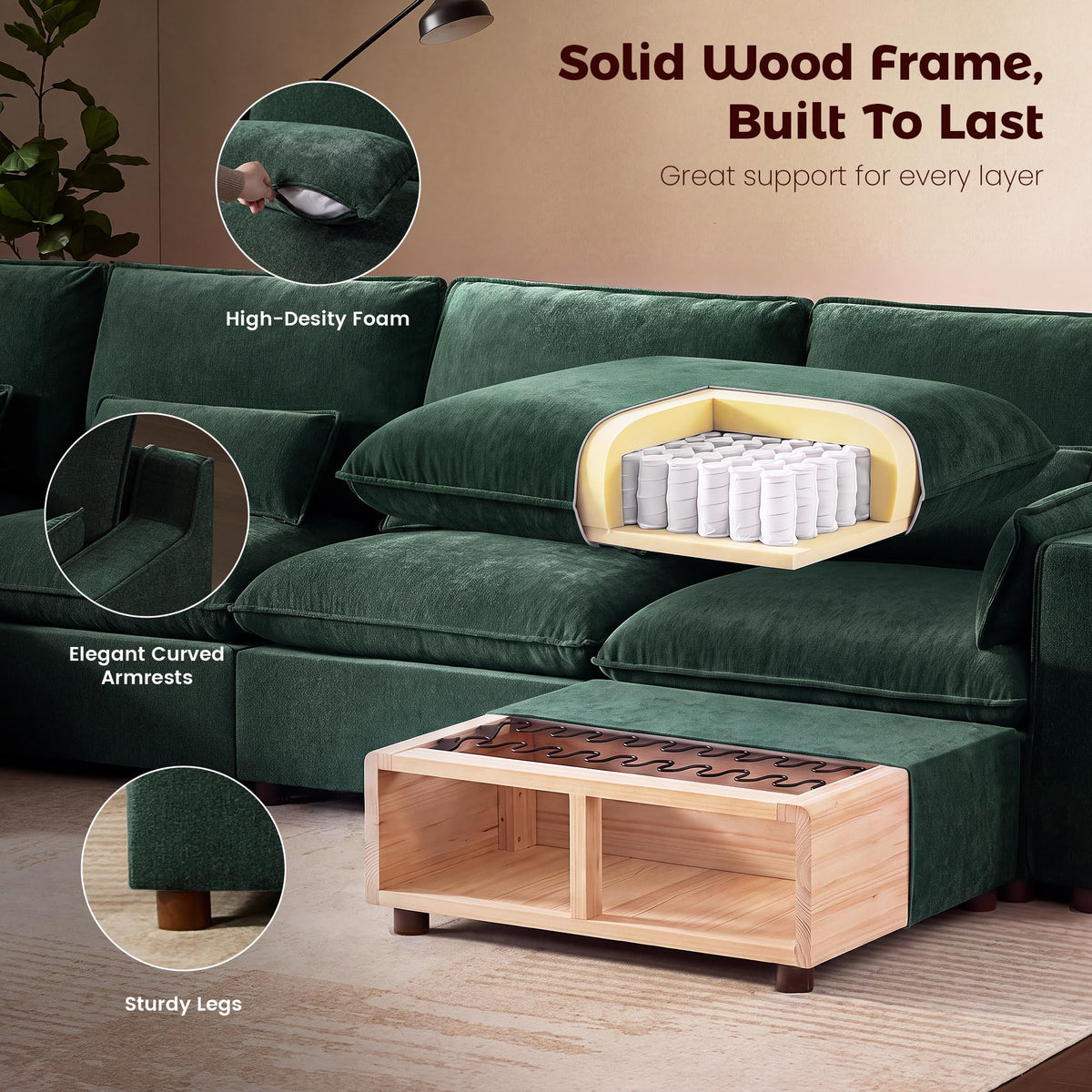 WorthFurni Modern Modular Sectional Sofa,103" U Shape Minimalist Couch with Storage Ottoman,Comfty 4 Seat Sofa for Living Room,Green Chenille