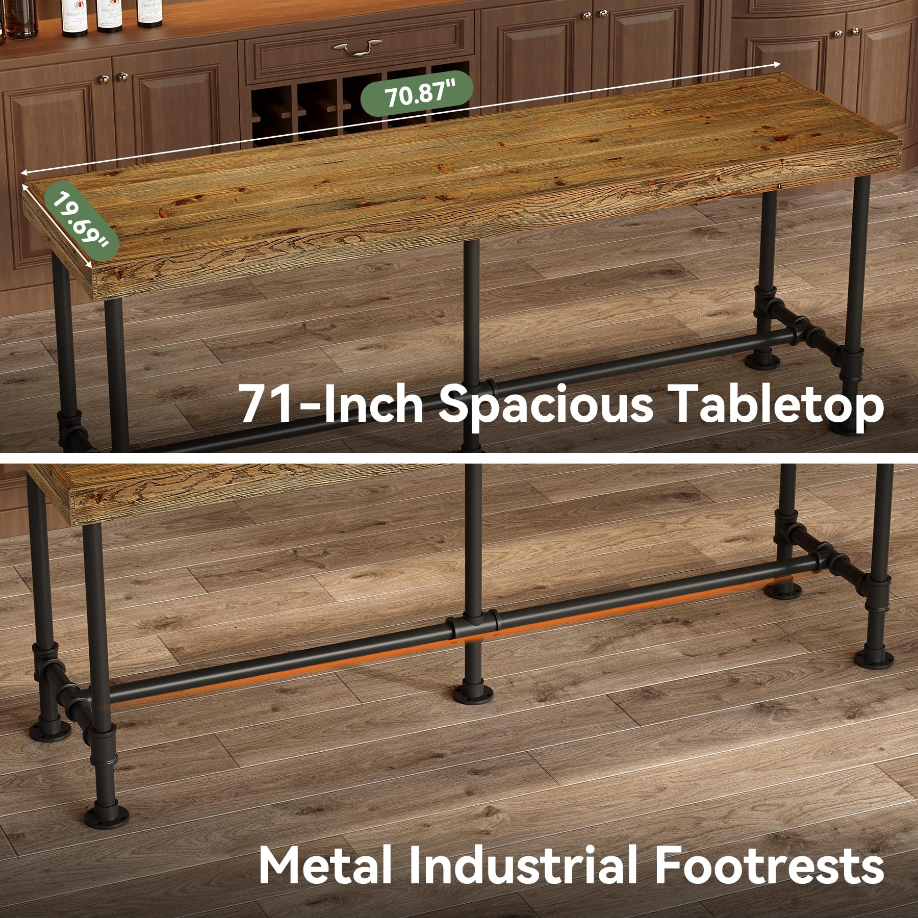 TRIBEWOOD 70.9-Inch Long Solid Wood Bar Table for 6-8 People, Industrial Narrow Counter Height Pub Table with Metal Footrest, Rectangular High Top Bar Unit for Kitchen Dining, Rustic Brown(Table Only)