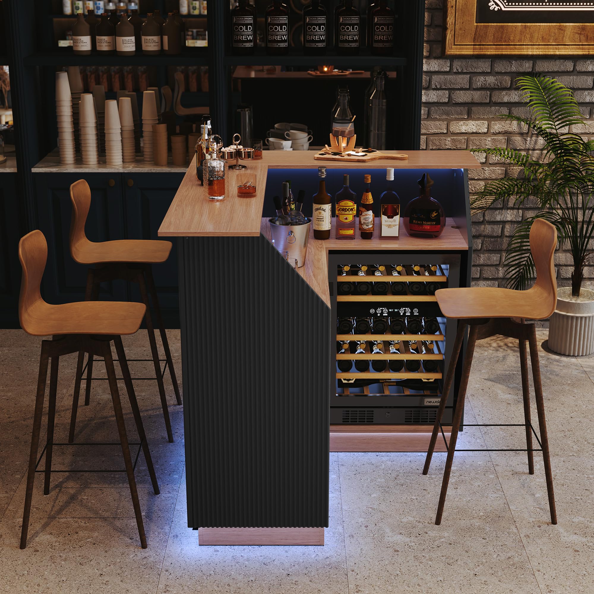 ARTPOWER L Shaped Home Bar Cabinet with Fridge Space, Oversized Modern Basement Coffee Bar Table with LED Strip, Fluted 4-Tier Corner Wine Cabinet with Stemware Racks for Dining Living Room, Black