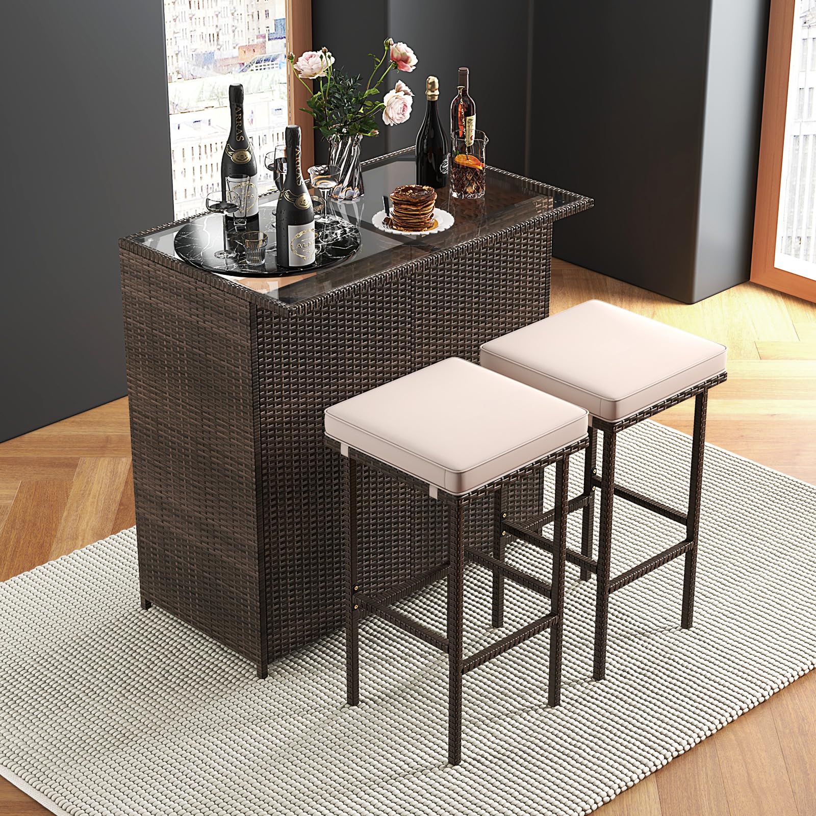 RELAX4FLIE 3-Piece Outdoor Bar Set - PE Rattan Wicker Bar Table and Stools with Removable Cushions, Tempered Glass Top & 2 Storage Shelves for Porch, Backyard, Garden, Poolside