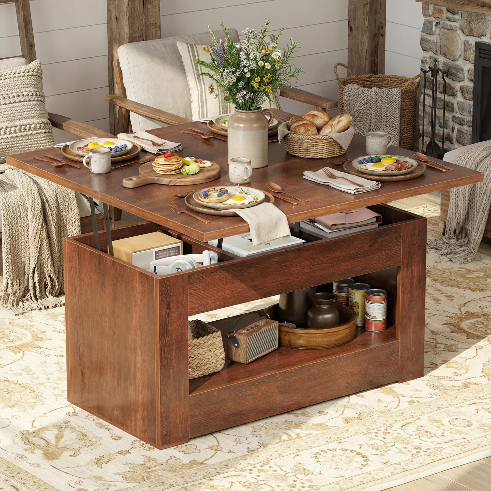 UNIQUITE 40" Lift Top Coffee Table, 4 in 1 Multi-Function Lift Coffee Tables with Storage and Hidden Compartment, Convertible Wood Coffee Tables to Dining Table for Living Room, Walnut